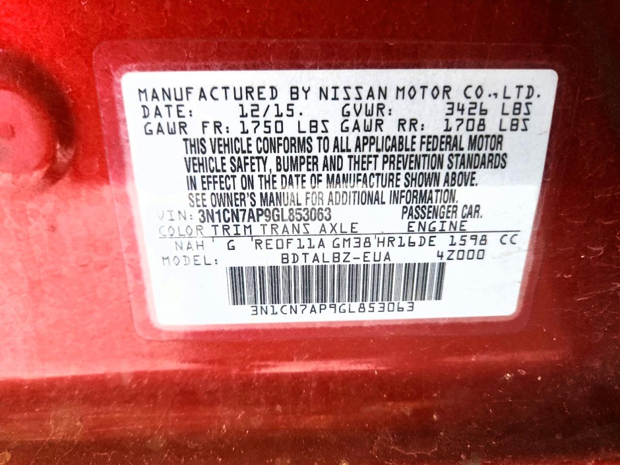 2016 Nissan Versa 1.6 Sv Maroon vin: 3N1CN7AP9GL853063