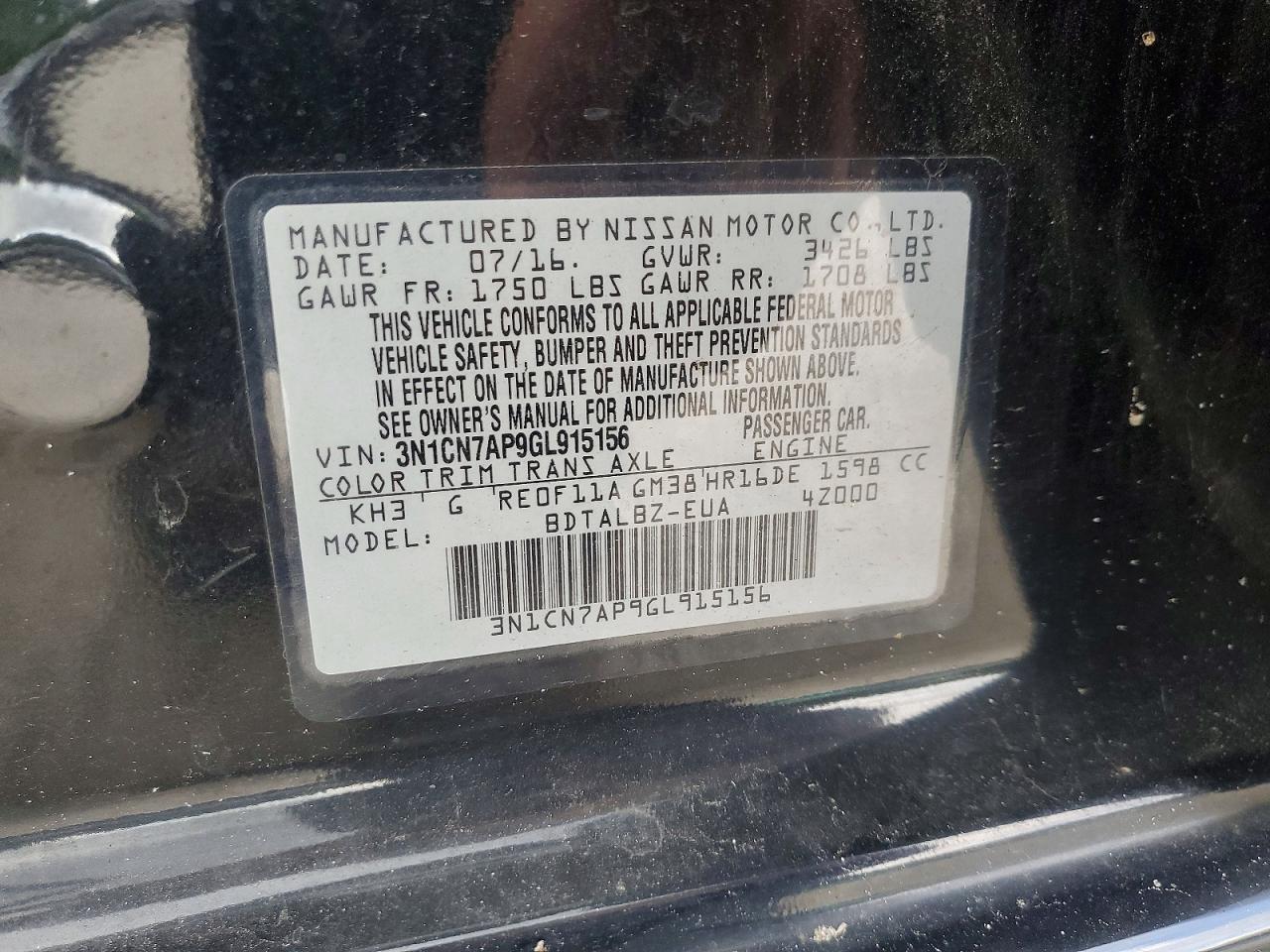 2016 Nissan Versa 1.6 Sv Black vin: 3N1CN7AP9GL915156
