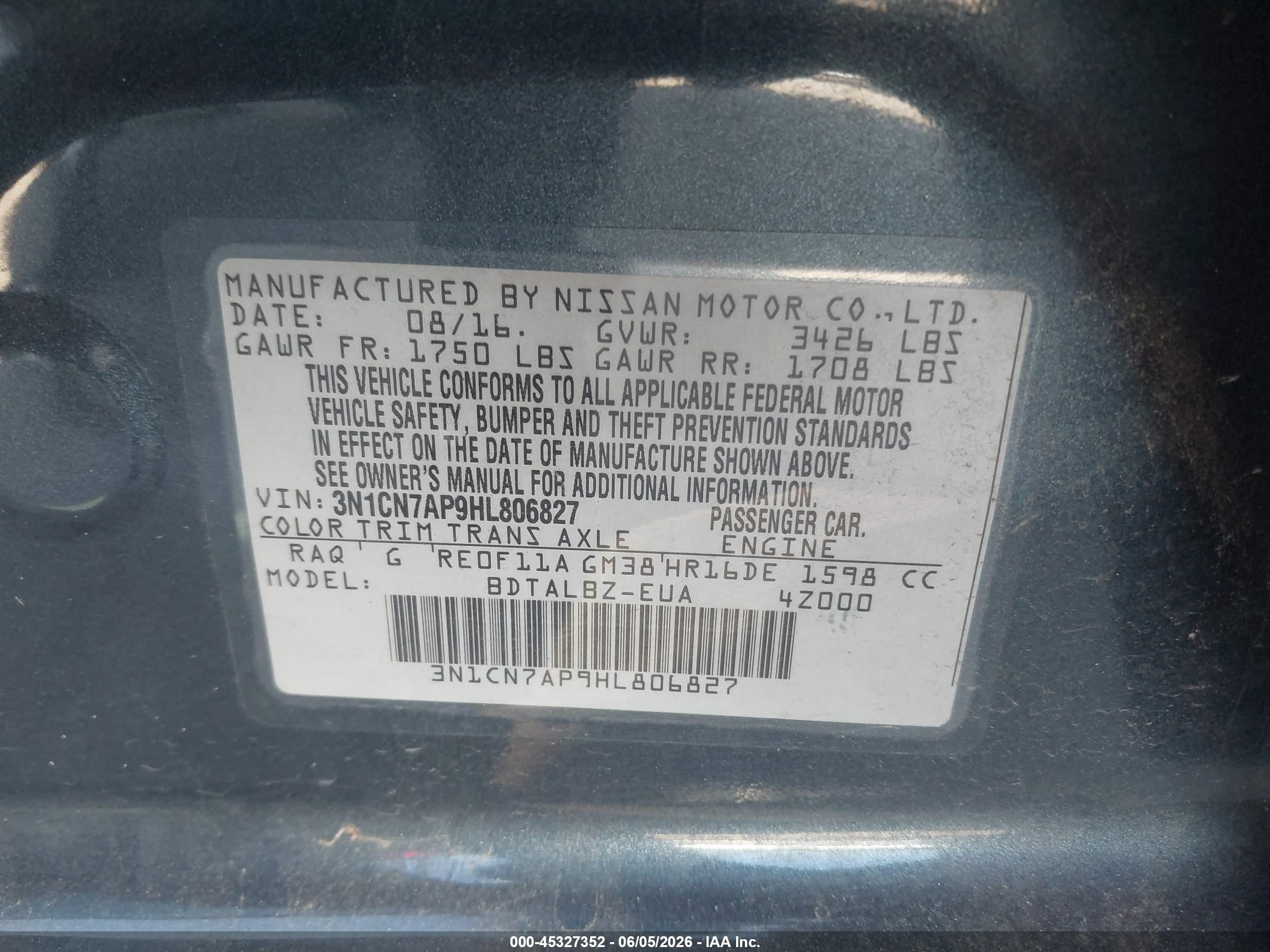 2017 Nissan Versa 1.6 Sv Синий vin: 3N1CN7AP9HL806827