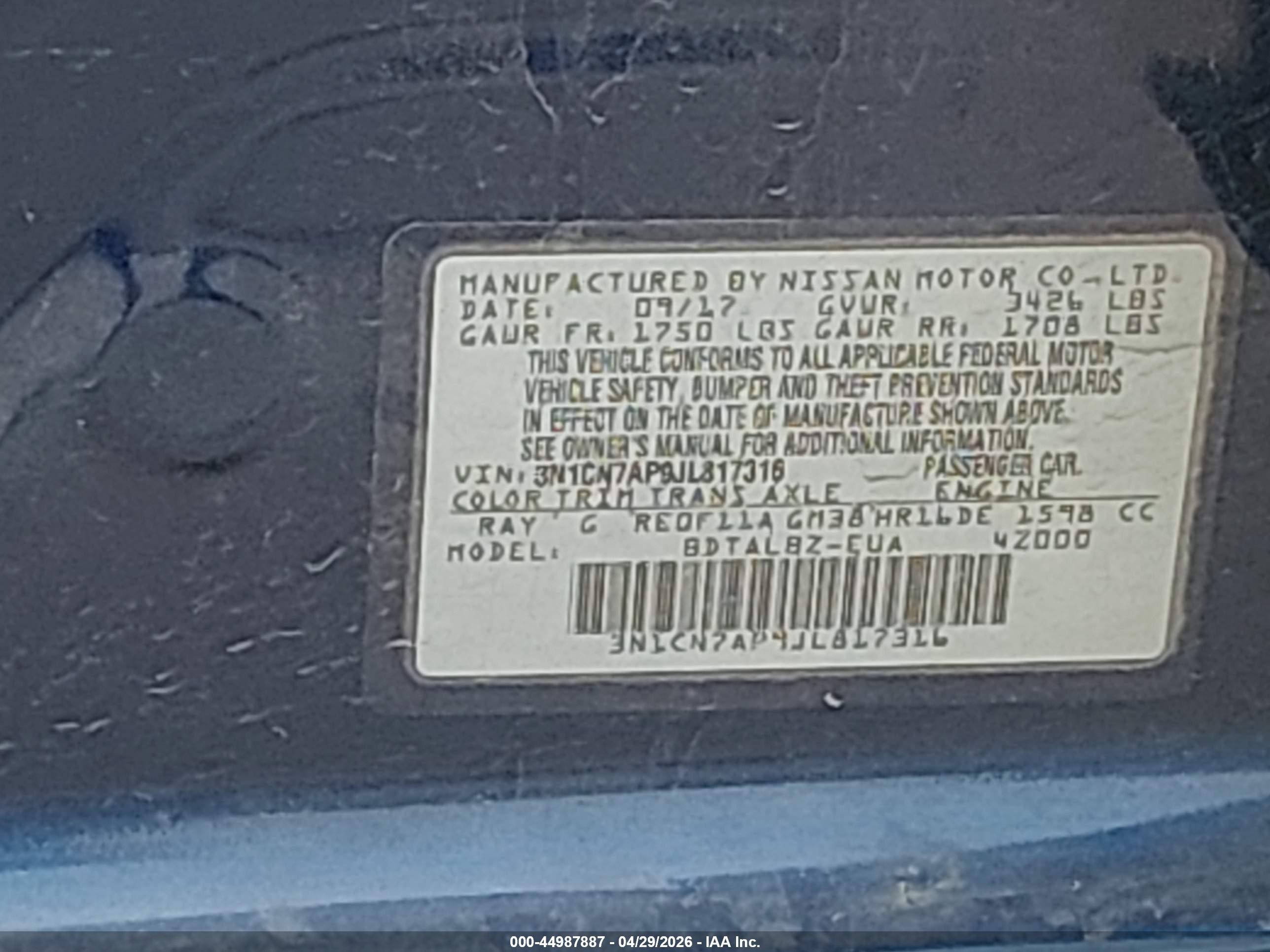 2018 Nissan Versa 1.6 Sv Blue vin: 3N1CN7AP9JL817316