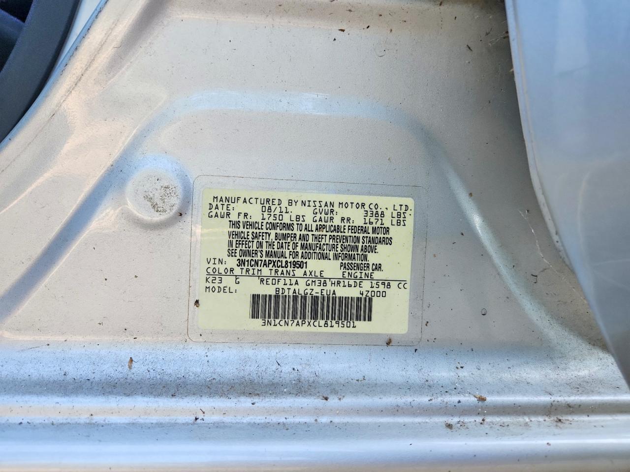 2012 Nissan Versa 1.6 S Silver vin: 3N1CN7APXCL819501