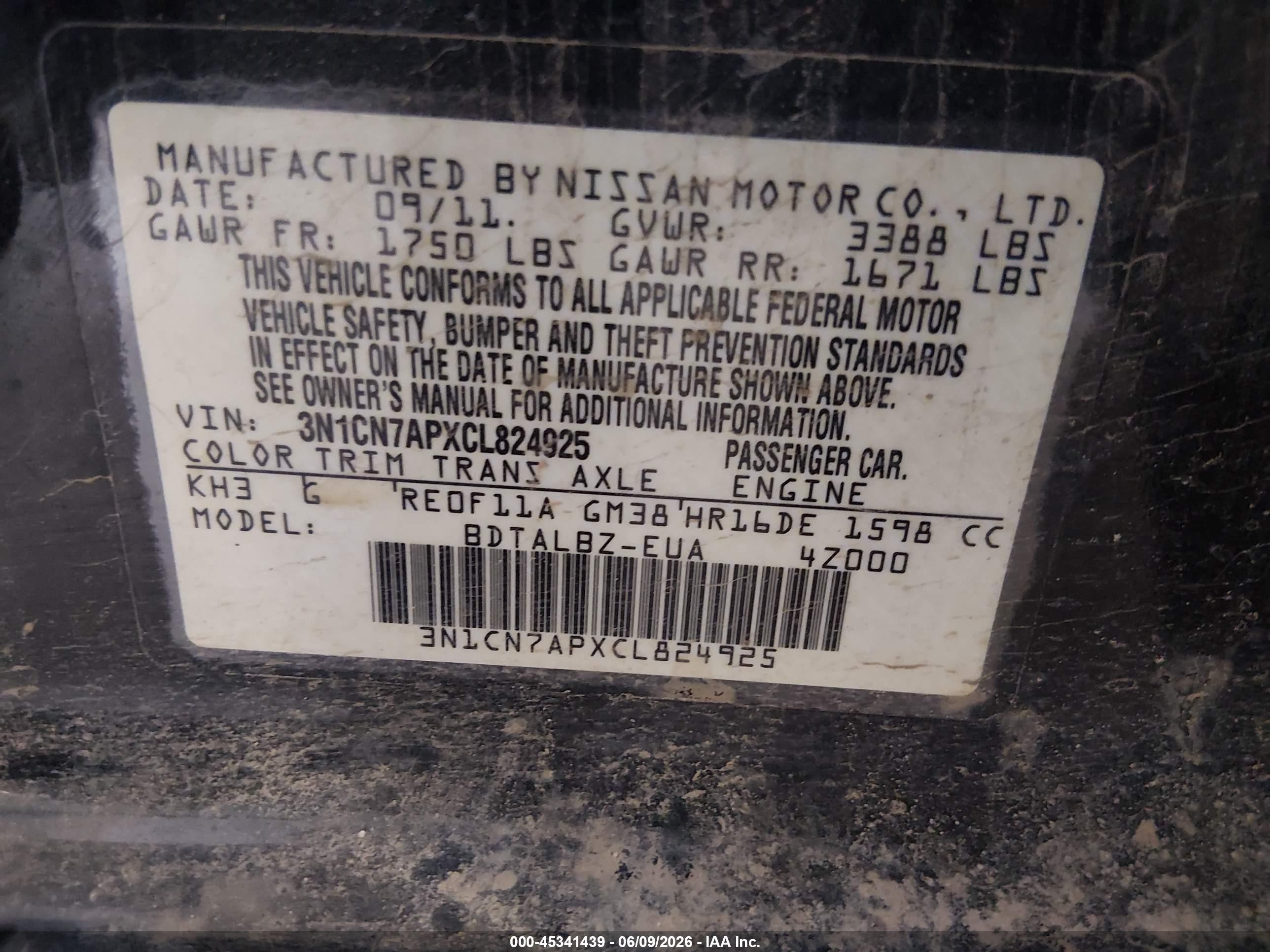 2012 Nissan Versa 1.6 Sv Gray vin: 3N1CN7APXCL824925