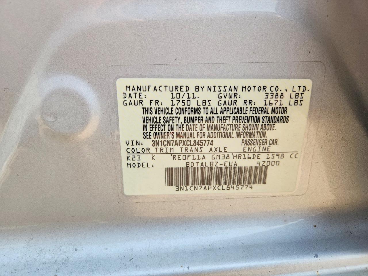 2012 Nissan Versa 1.6 S Silver vin: 3N1CN7APXCL845774