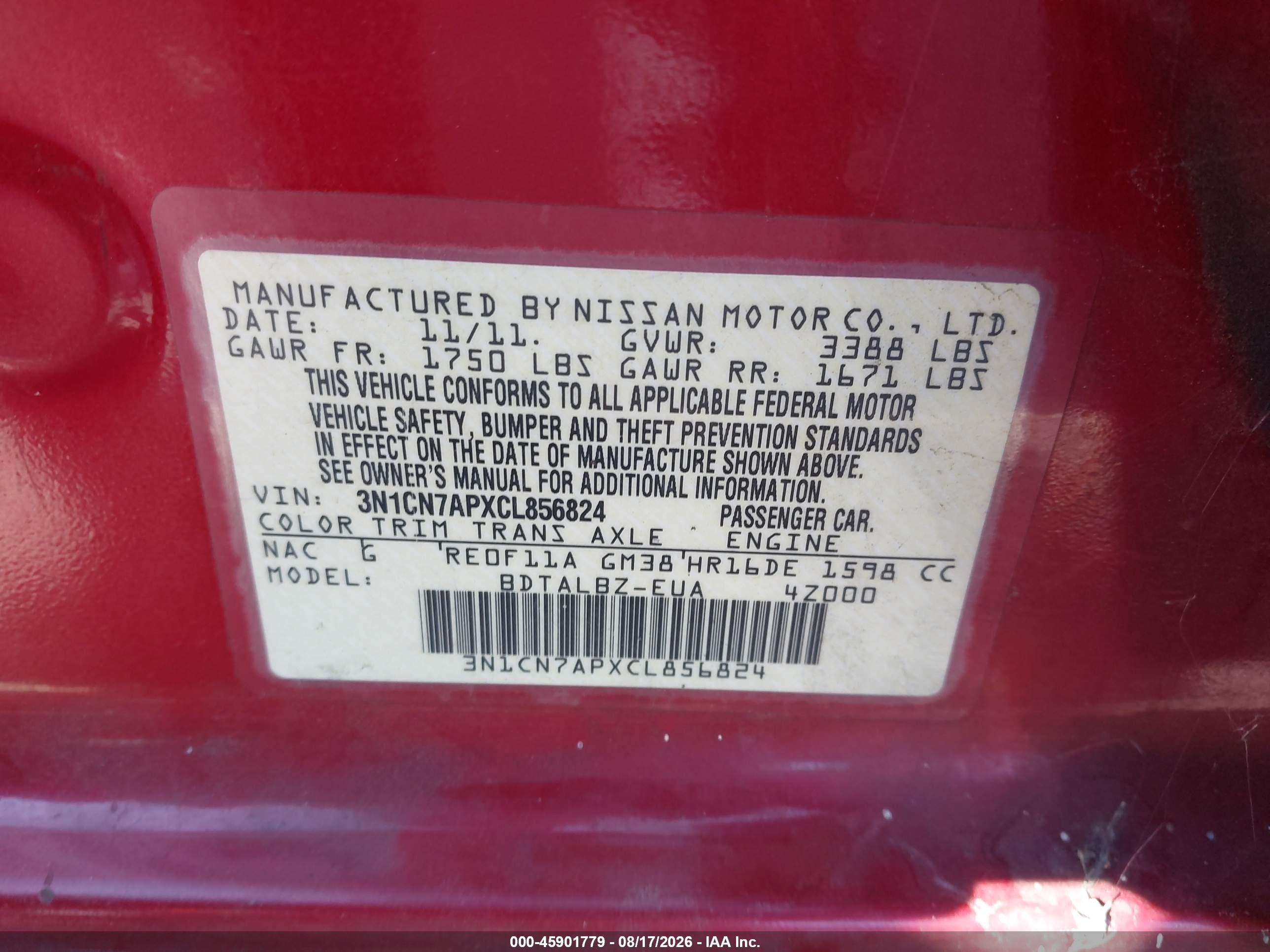 2012 Nissan Versa 1.6 Sv Red vin: 3N1CN7APXCL856824