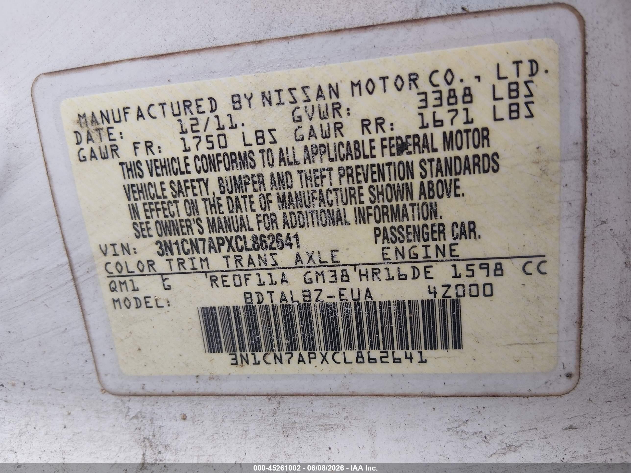 2012 Nissan Versa 1.6 Sv White vin: 3N1CN7APXCL862641
