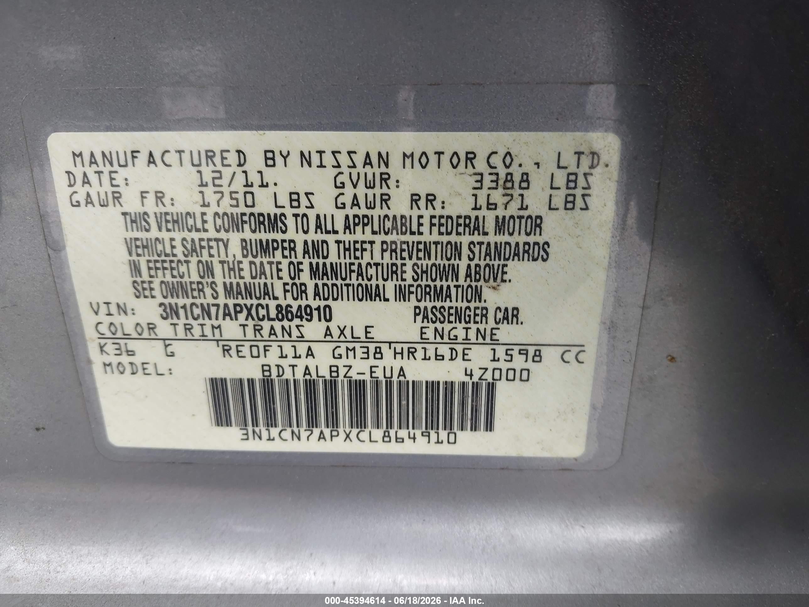 2012 Nissan Versa 1.6 Sv Silver vin: 3N1CN7APXCL864910