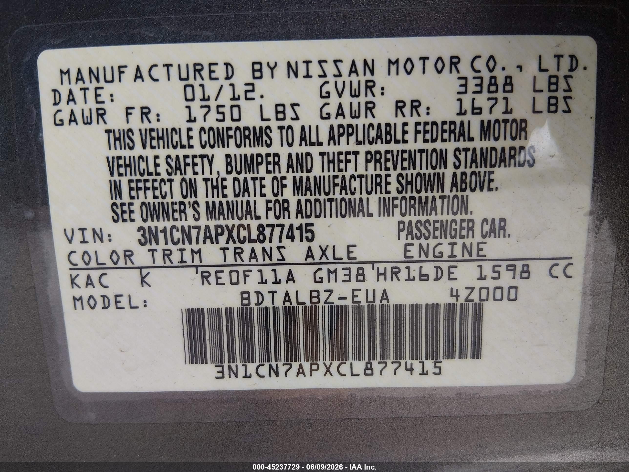 2012 Nissan Versa 1.6 Sv Gray vin: 3N1CN7APXCL877415