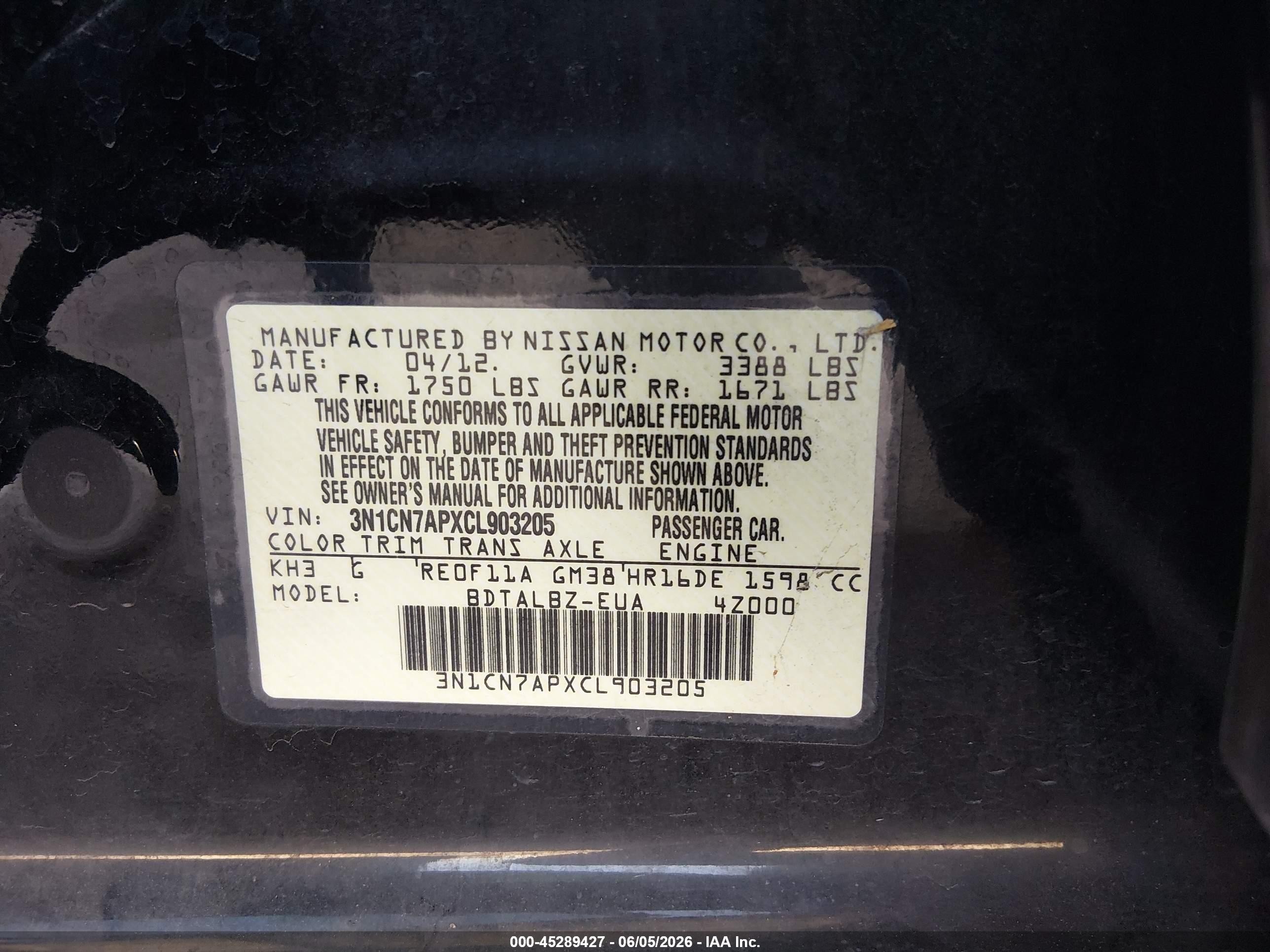 2012 Nissan Versa 1.6 Sv Black vin: 3N1CN7APXCL903205