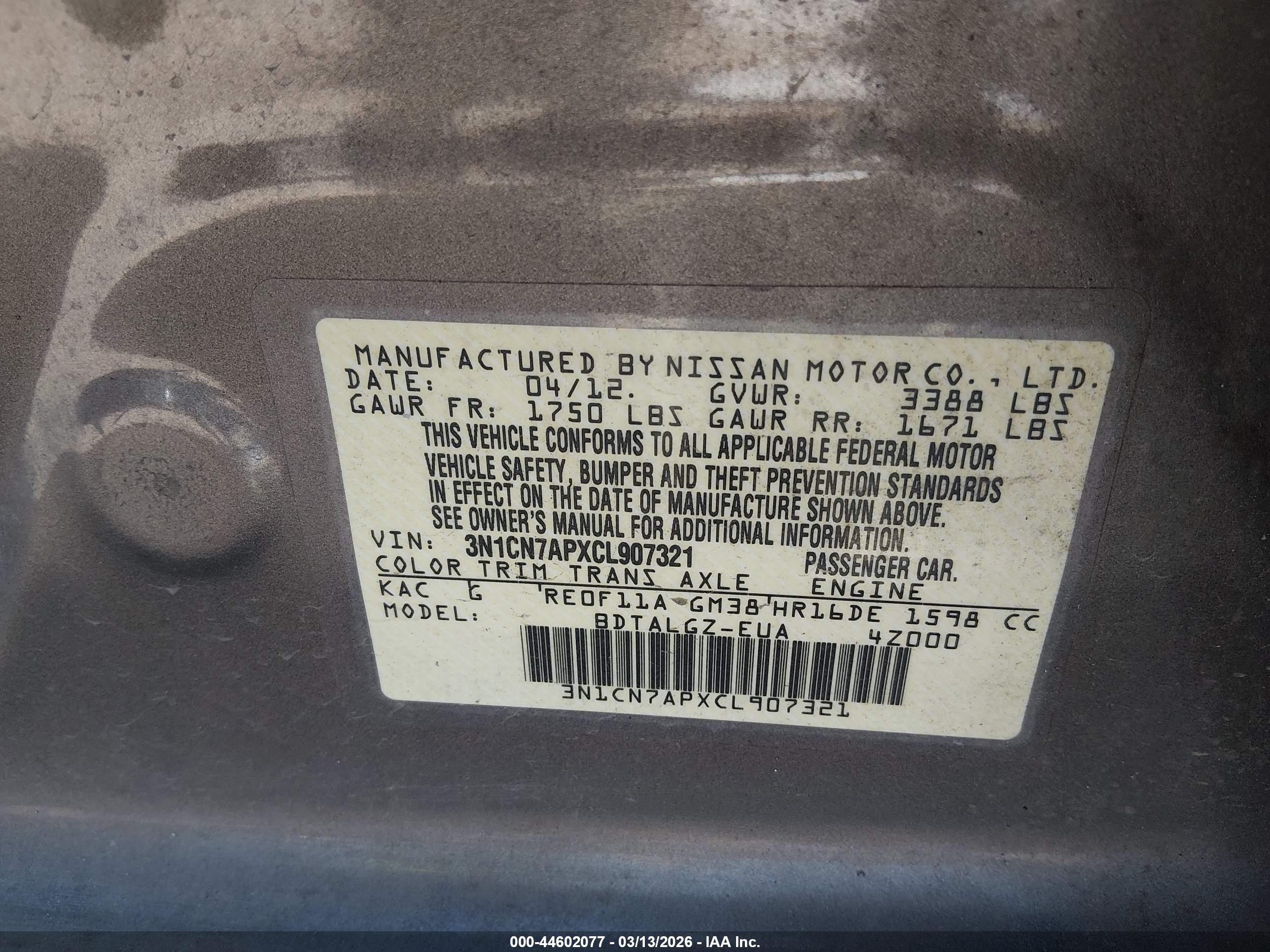 2012 Nissan Versa 1.6 Sl Gray vin: 3N1CN7APXCL907321