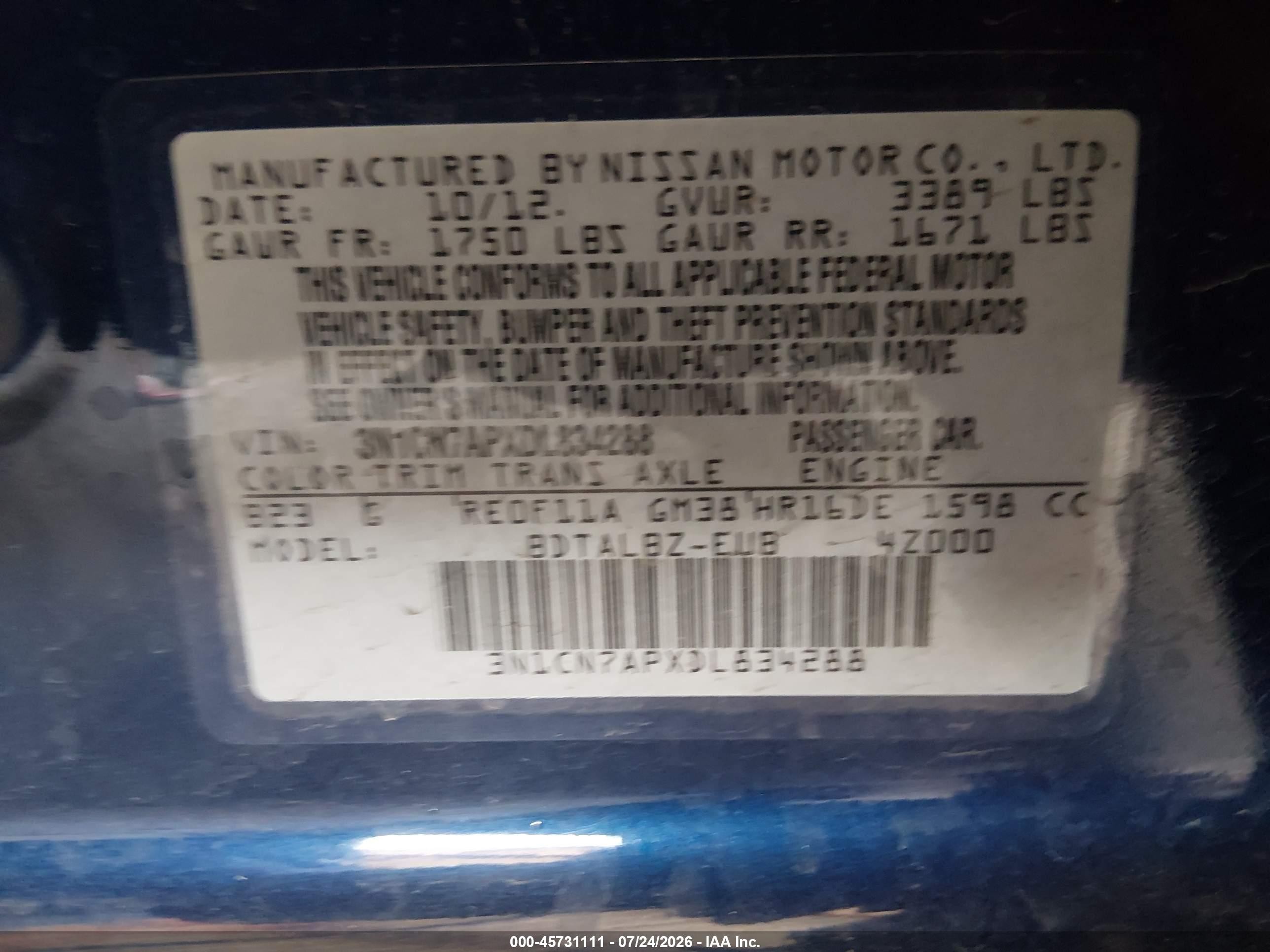 2013 Nissan Versa 1.6 Sv Blue vin: 3N1CN7APXDL834288