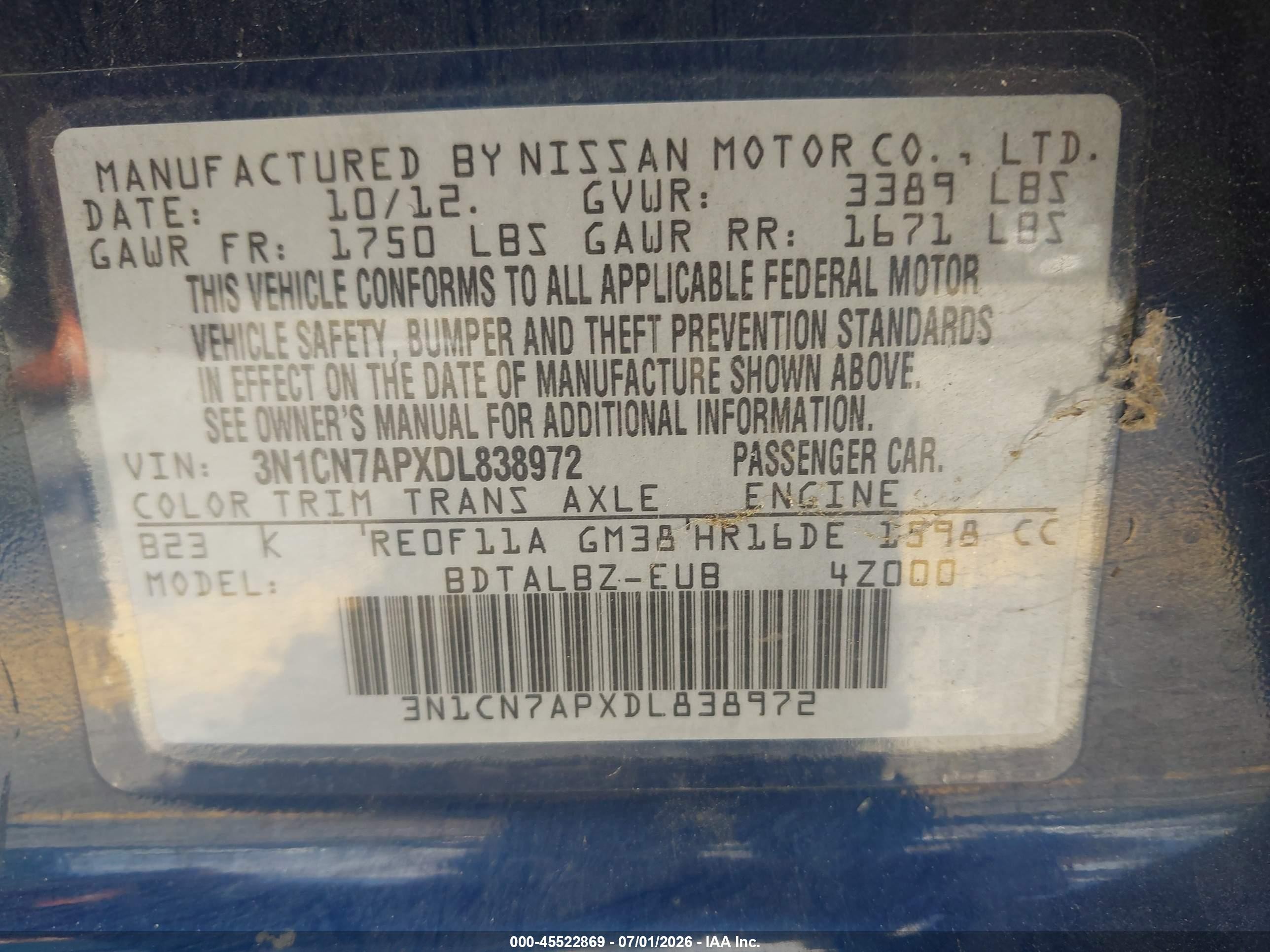 2013 Nissan Versa 1.6 Sv Blue vin: 3N1CN7APXDL838972
