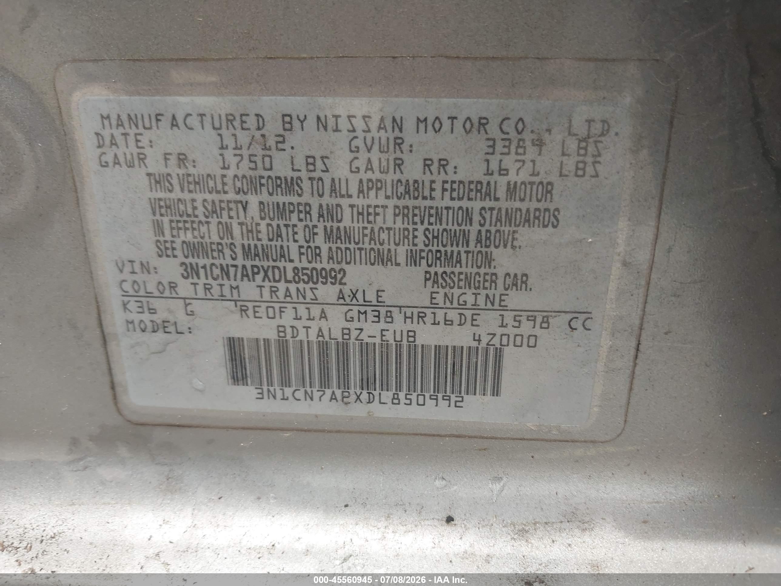 2013 Nissan Versa 1.6 Sv Silver vin: 3N1CN7APXDL850992