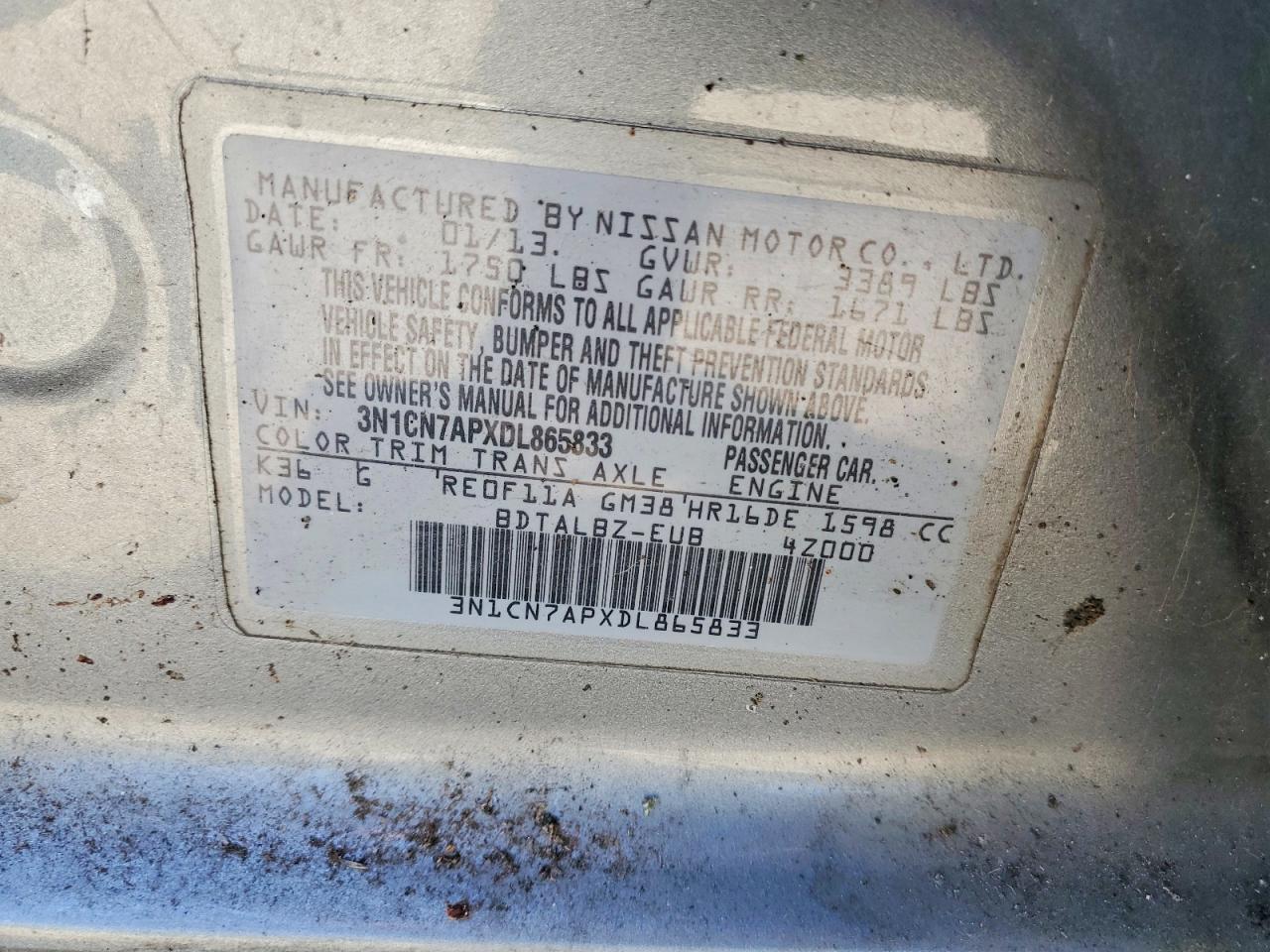 2013 Nissan Versa 1.6 S Gray vin: 3N1CN7APXDL865833