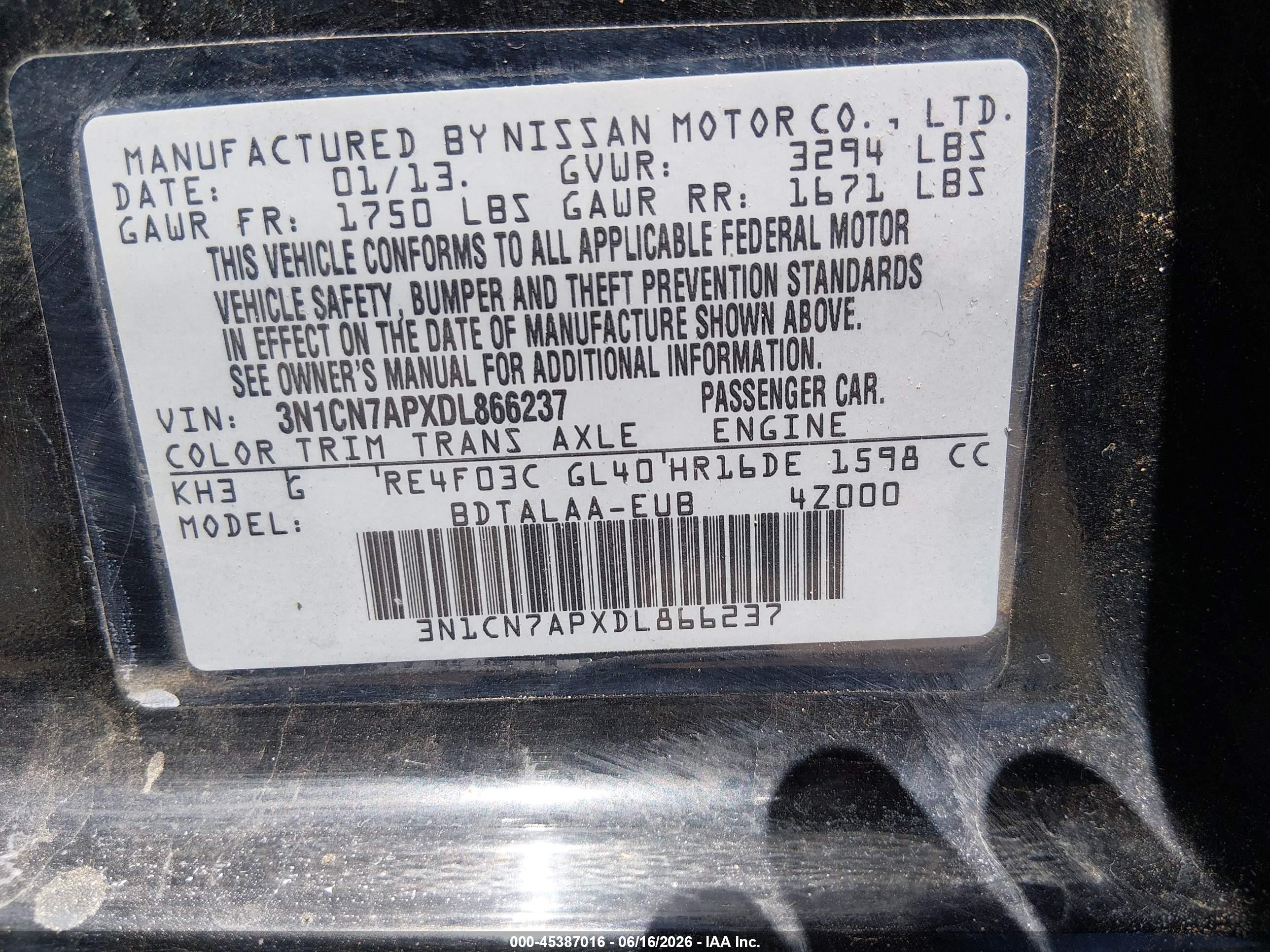 2013 Nissan Versa 1.6 S Black vin: 3N1CN7APXDL866237