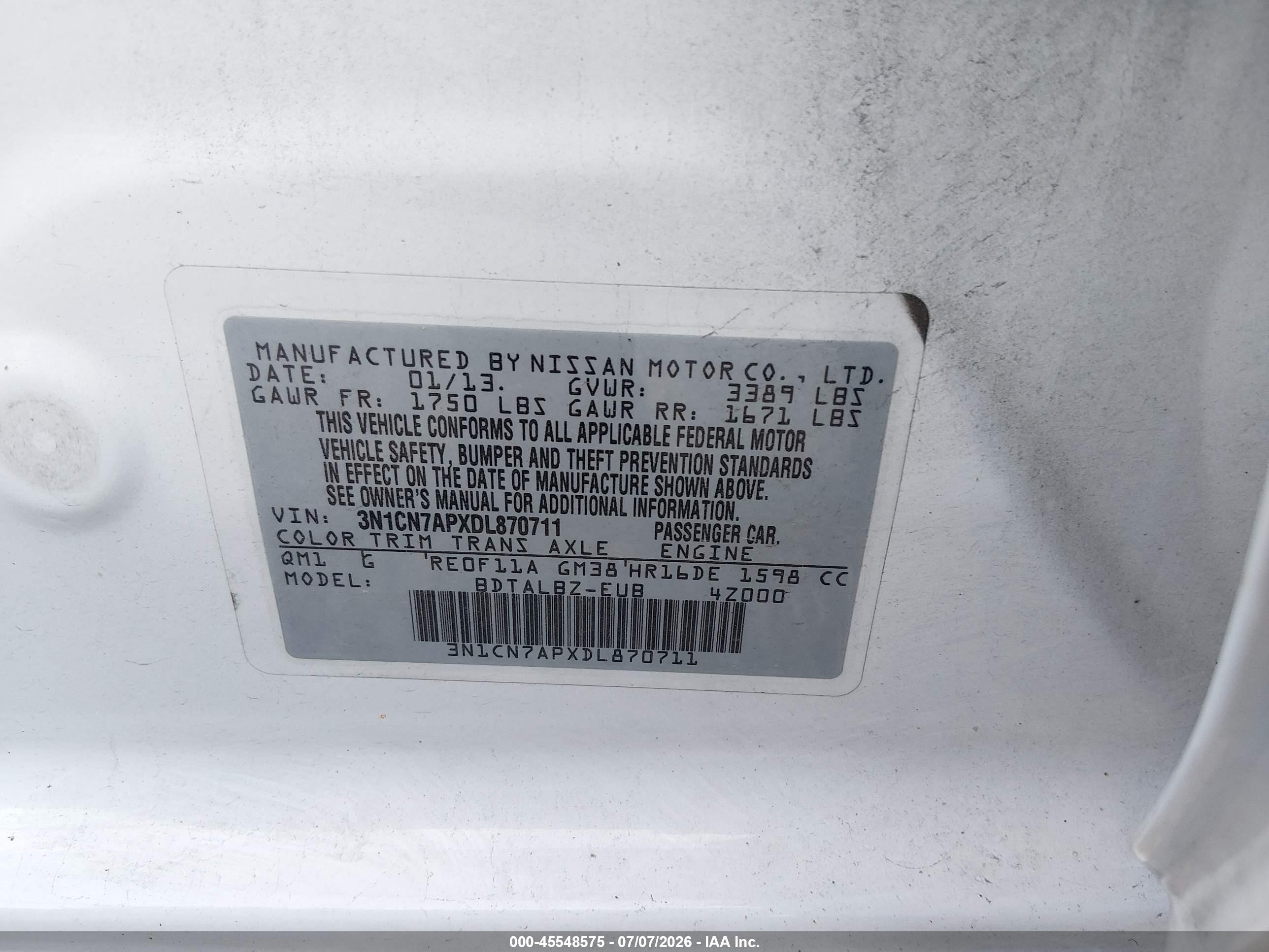 2013 Nissan Versa 1.6 Sv White vin: 3N1CN7APXDL870711