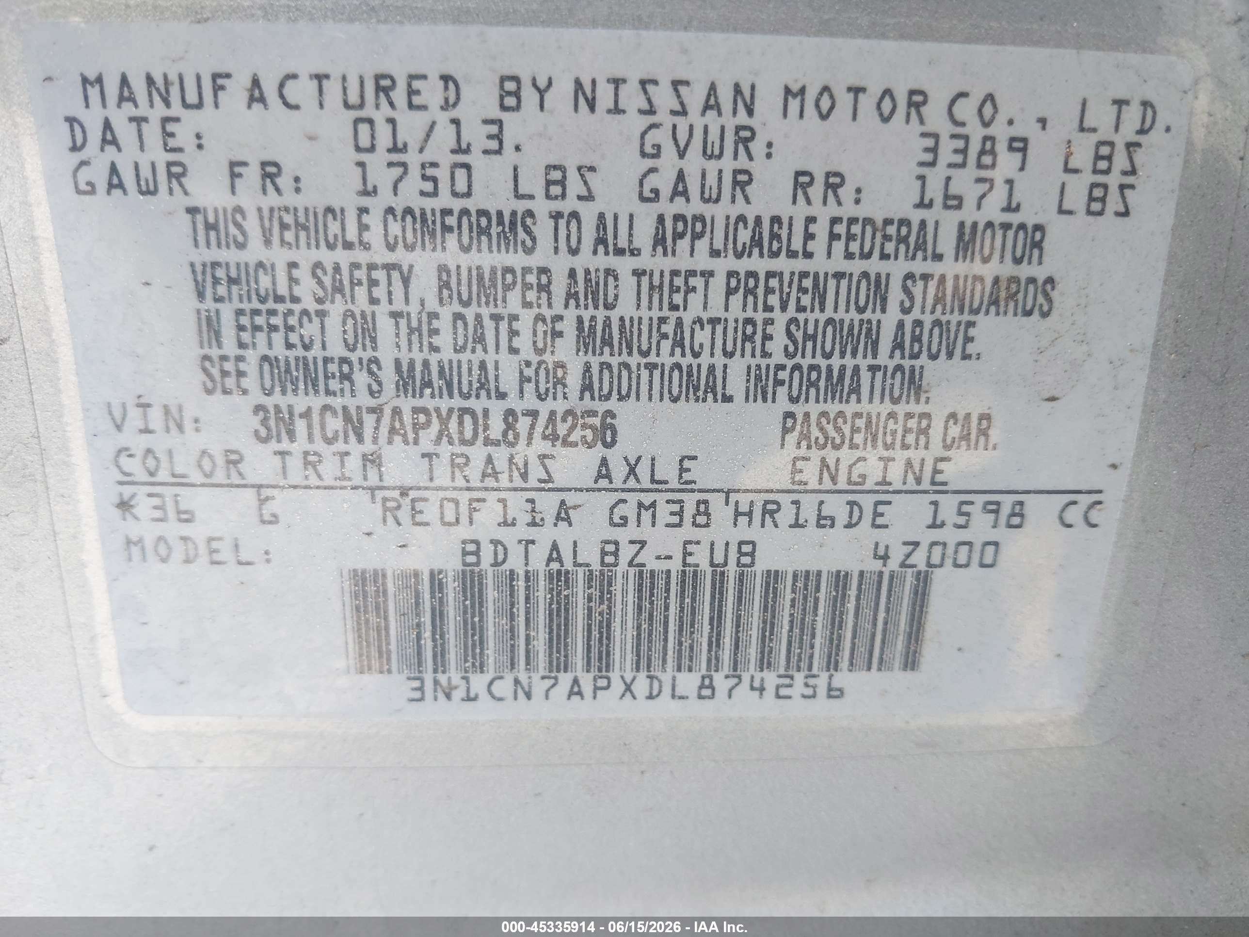 2013 Nissan Versa 1.6 Sv Серый vin: 3N1CN7APXDL874256