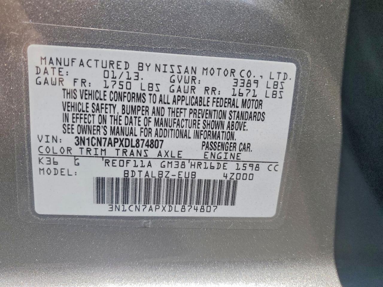 2013 Nissan Versa 1.6 S Gray vin: 3N1CN7APXDL874807