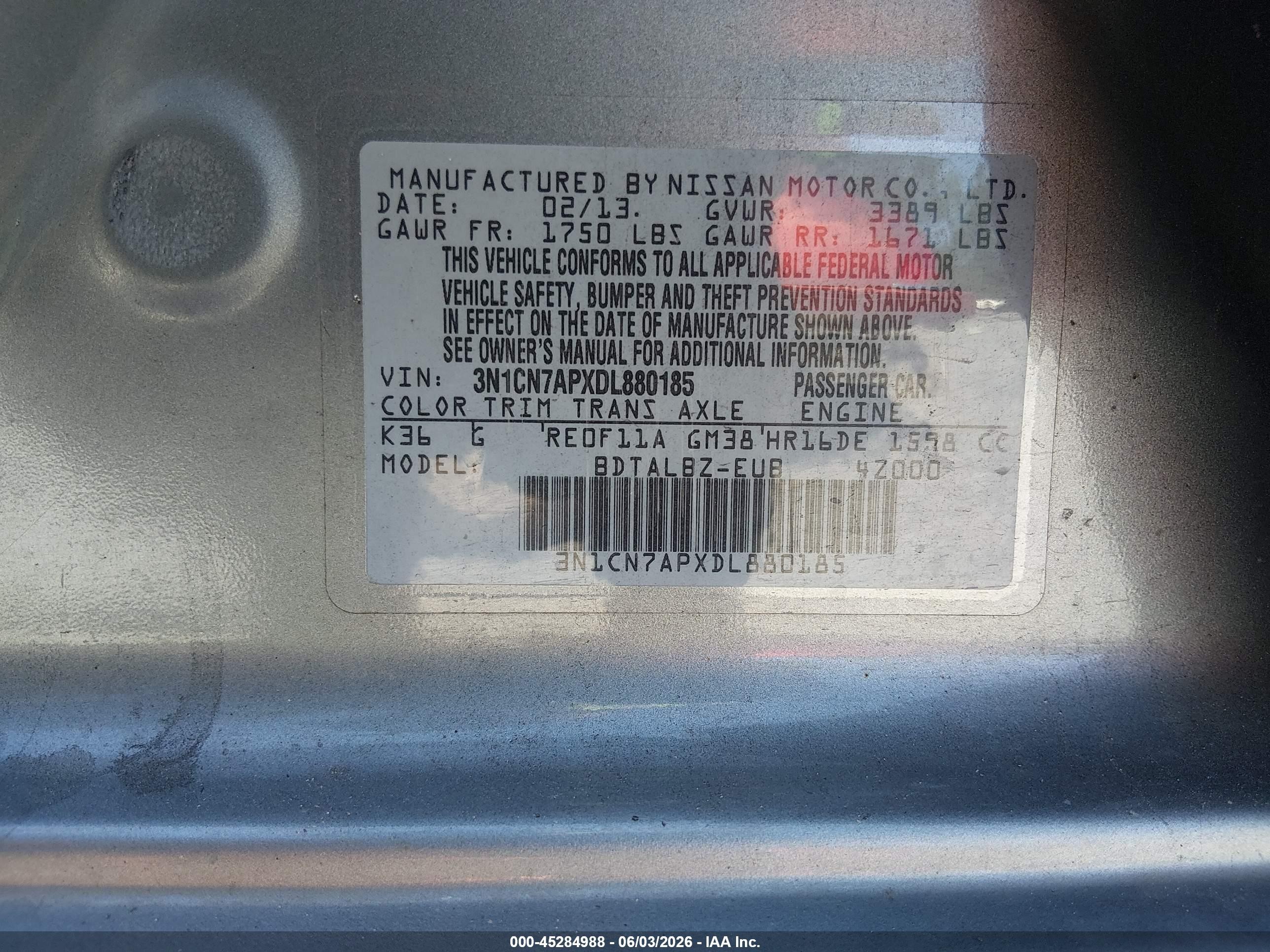 2013 Nissan Versa 1.6 Sv Silver vin: 3N1CN7APXDL880185