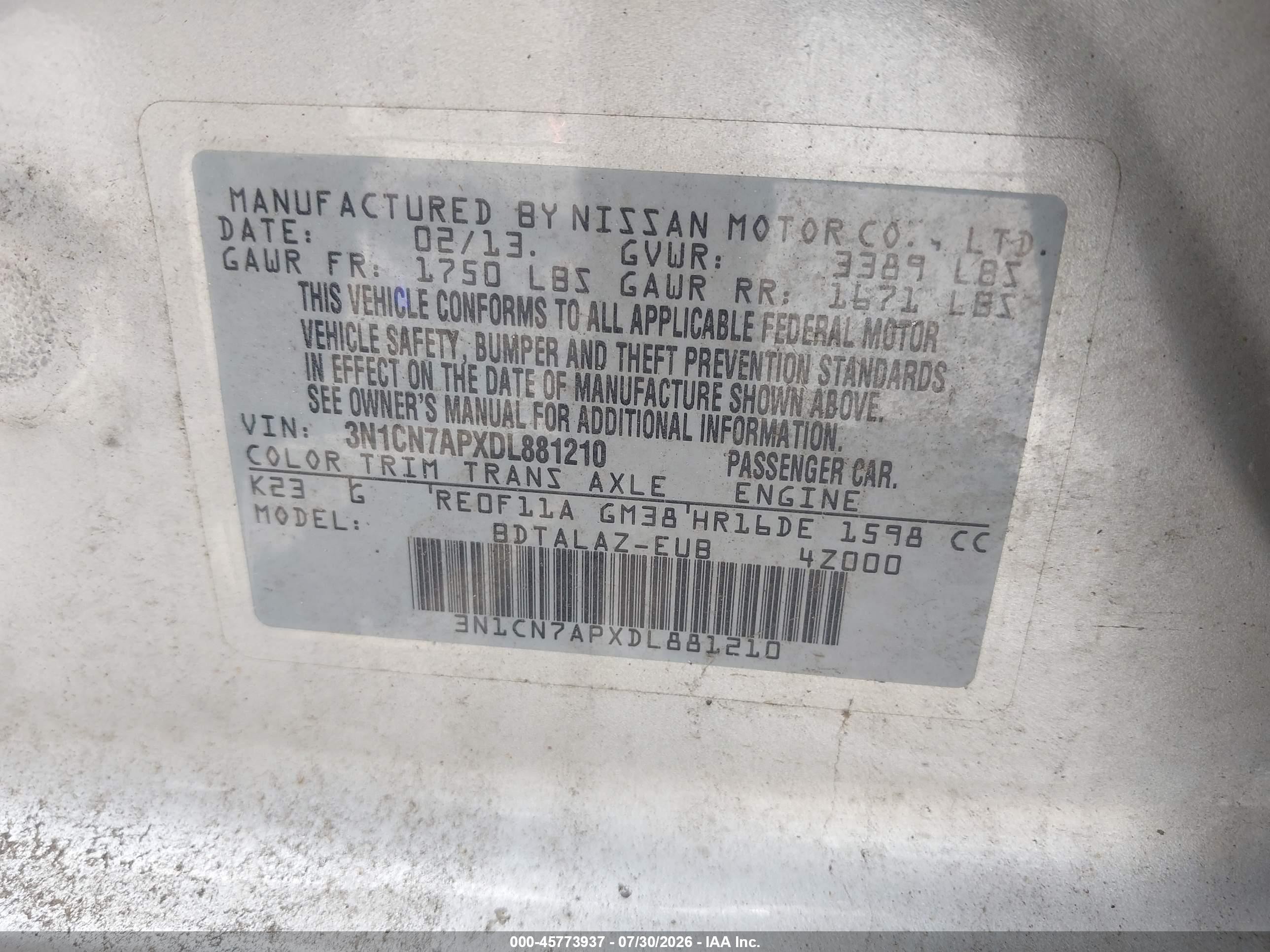 2013 Nissan Versa 1.6 S+ Silver vin: 3N1CN7APXDL881210