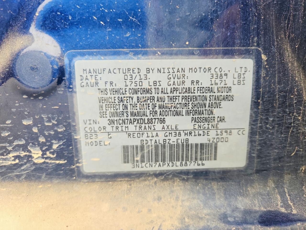 2013 Nissan Versa 1.6 S Blue vin: 3N1CN7APXDL887766