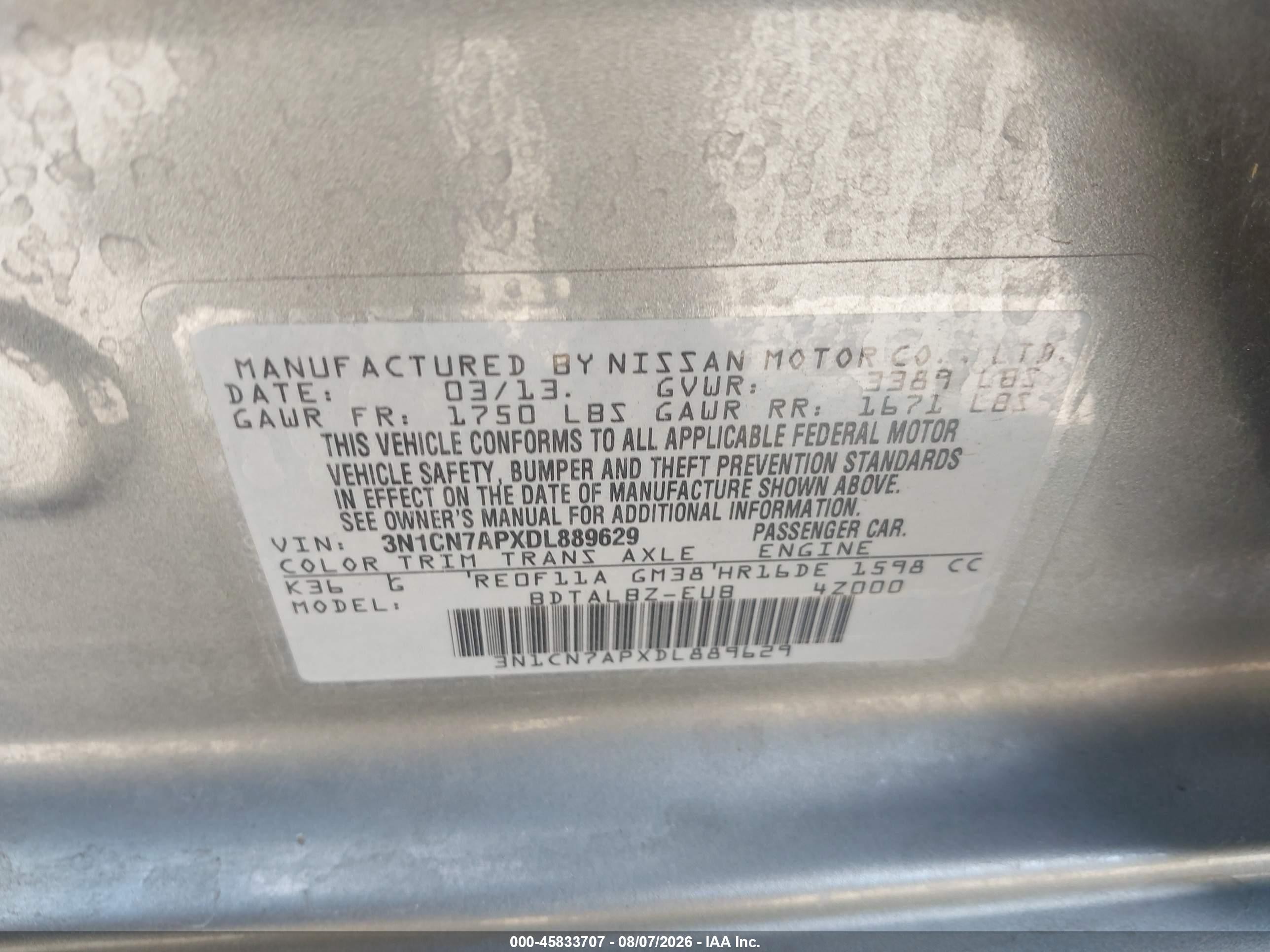 2013 Nissan Versa 1.6 Sv Gray vin: 3N1CN7APXDL889629