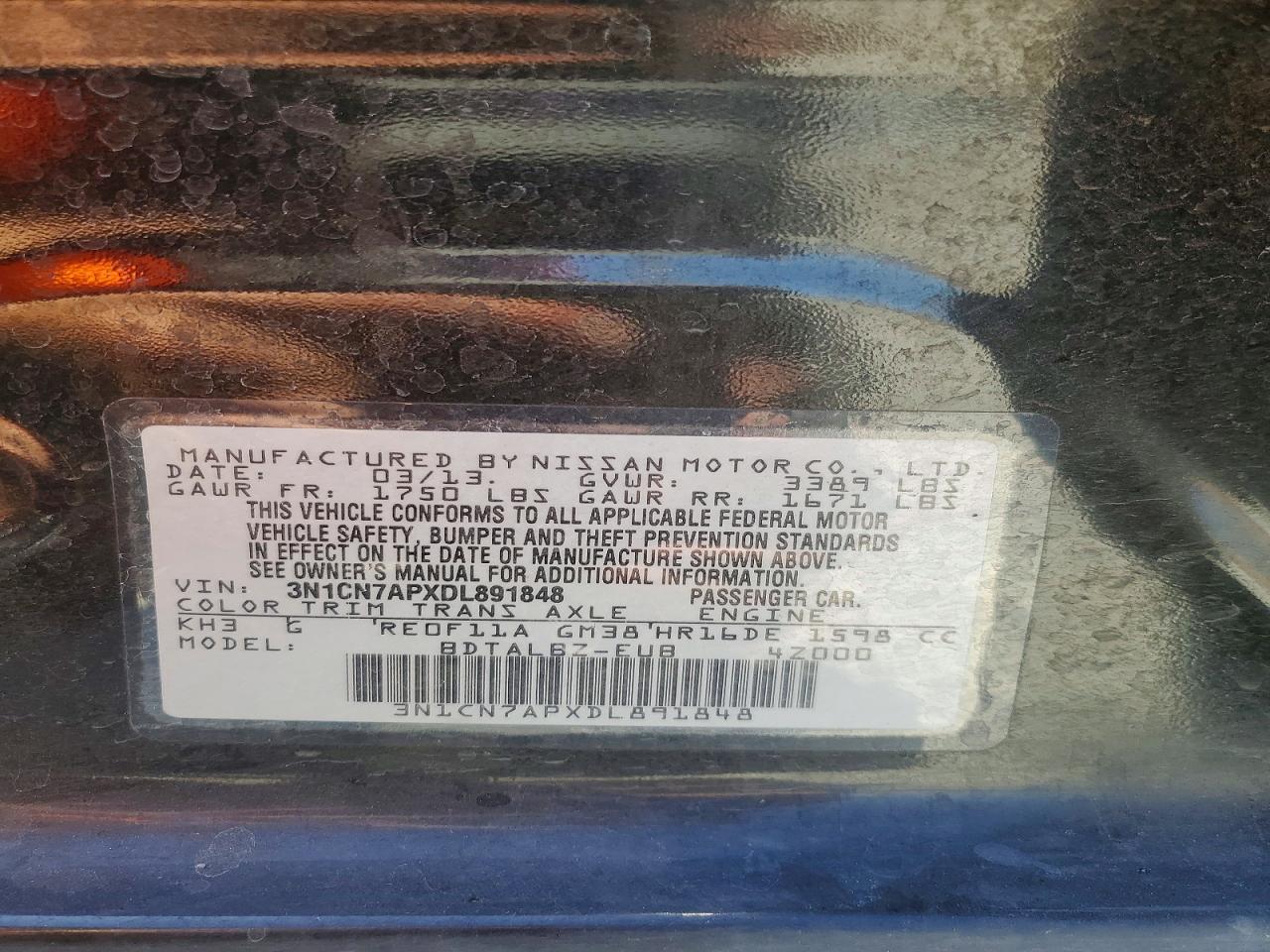 2013 Nissan Versa 1.6 S Black vin: 3N1CN7APXDL891848