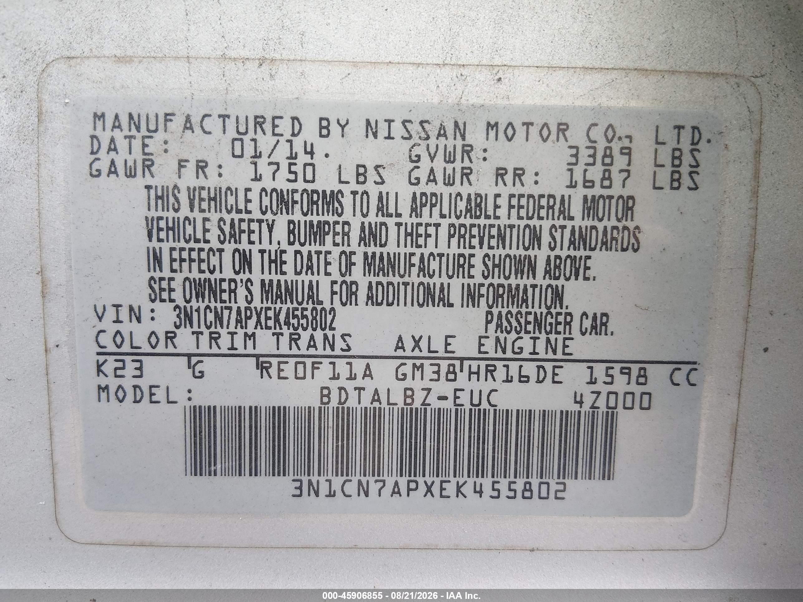 2014 Nissan Versa 1.6 Sv Silver vin: 3N1CN7APXEK455802