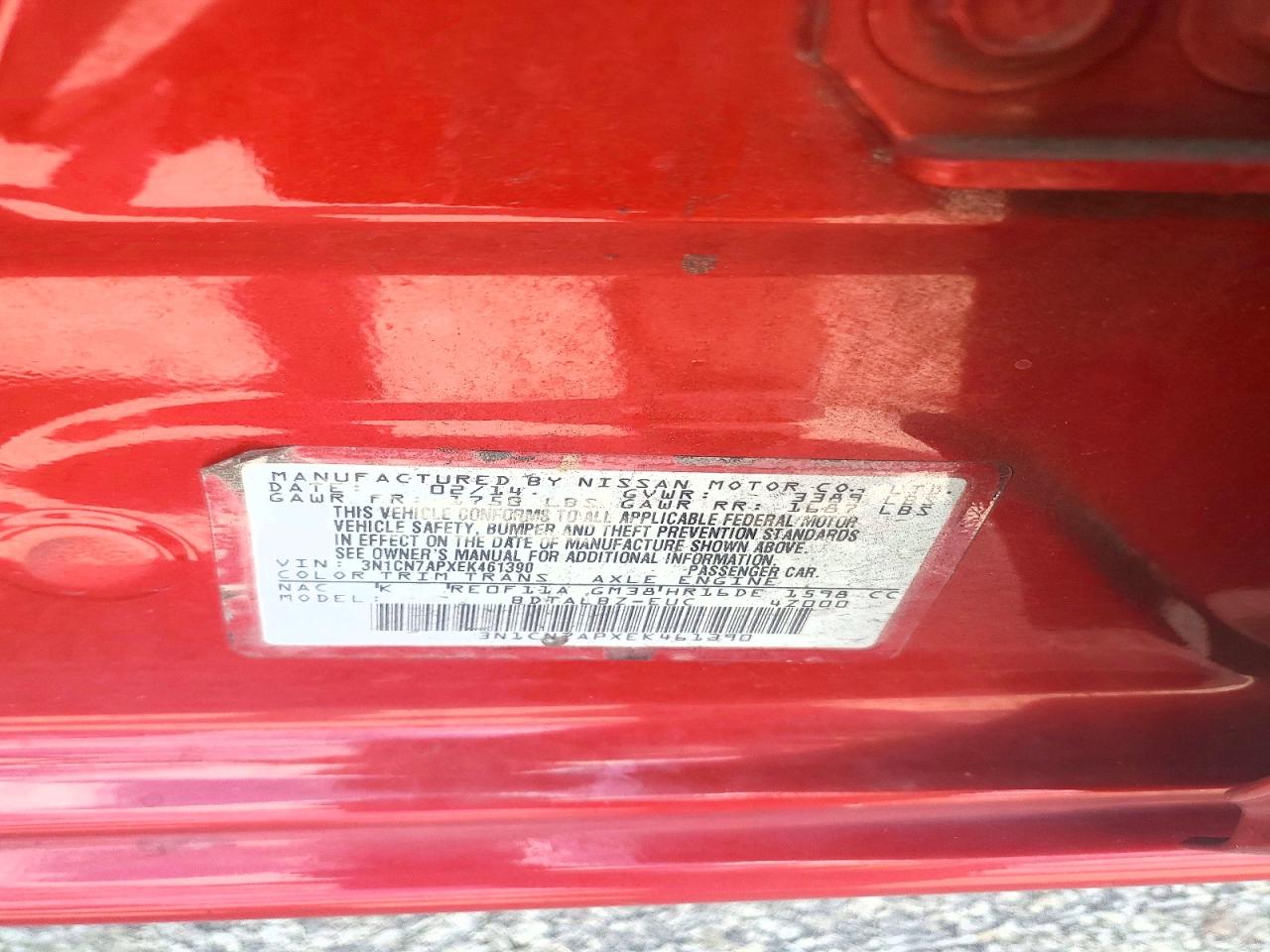 2014 Nissan Versa Red vin: 3N1CN7APXEK461390