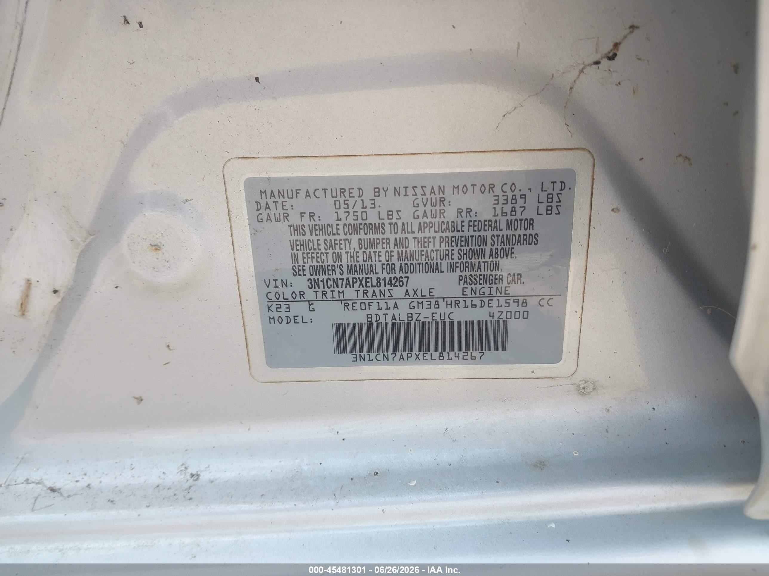 2014 Nissan Versa 1.6 Sv Gray vin: 3N1CN7APXEL814267