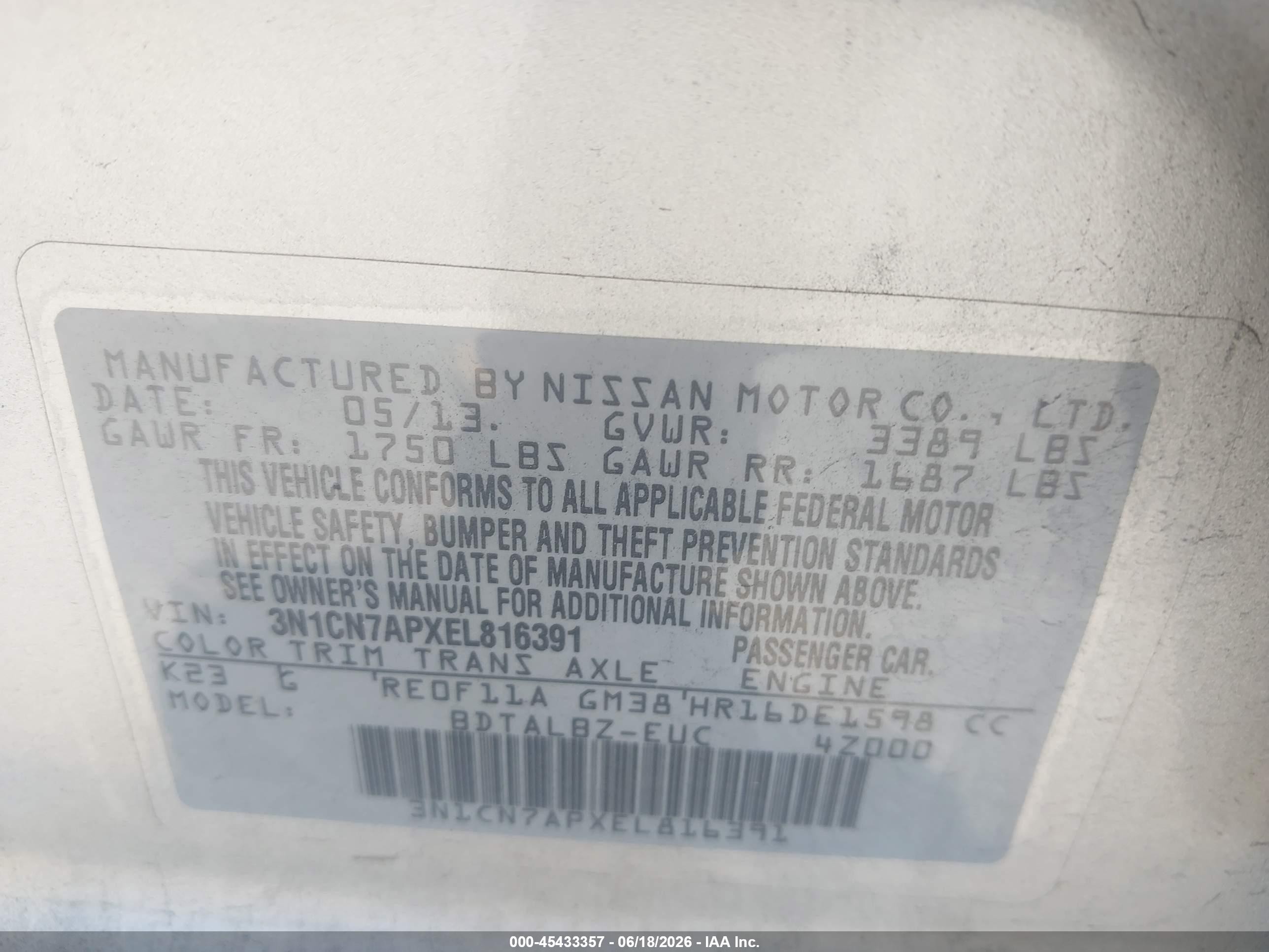 2014 Nissan Versa 1.6 Sv Gray vin: 3N1CN7APXEL816391