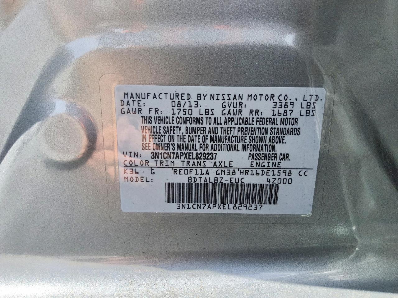 2014 Nissan Versa 1.6 S Silver vin: 3N1CN7APXEL829237