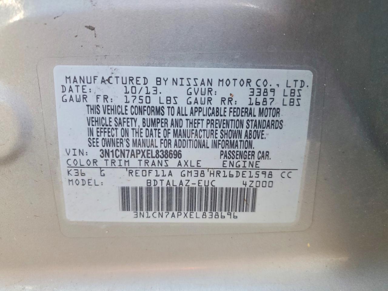 2014 Nissan Versa 1.6 S Plus Silver vin: 3N1CN7APXEL838696