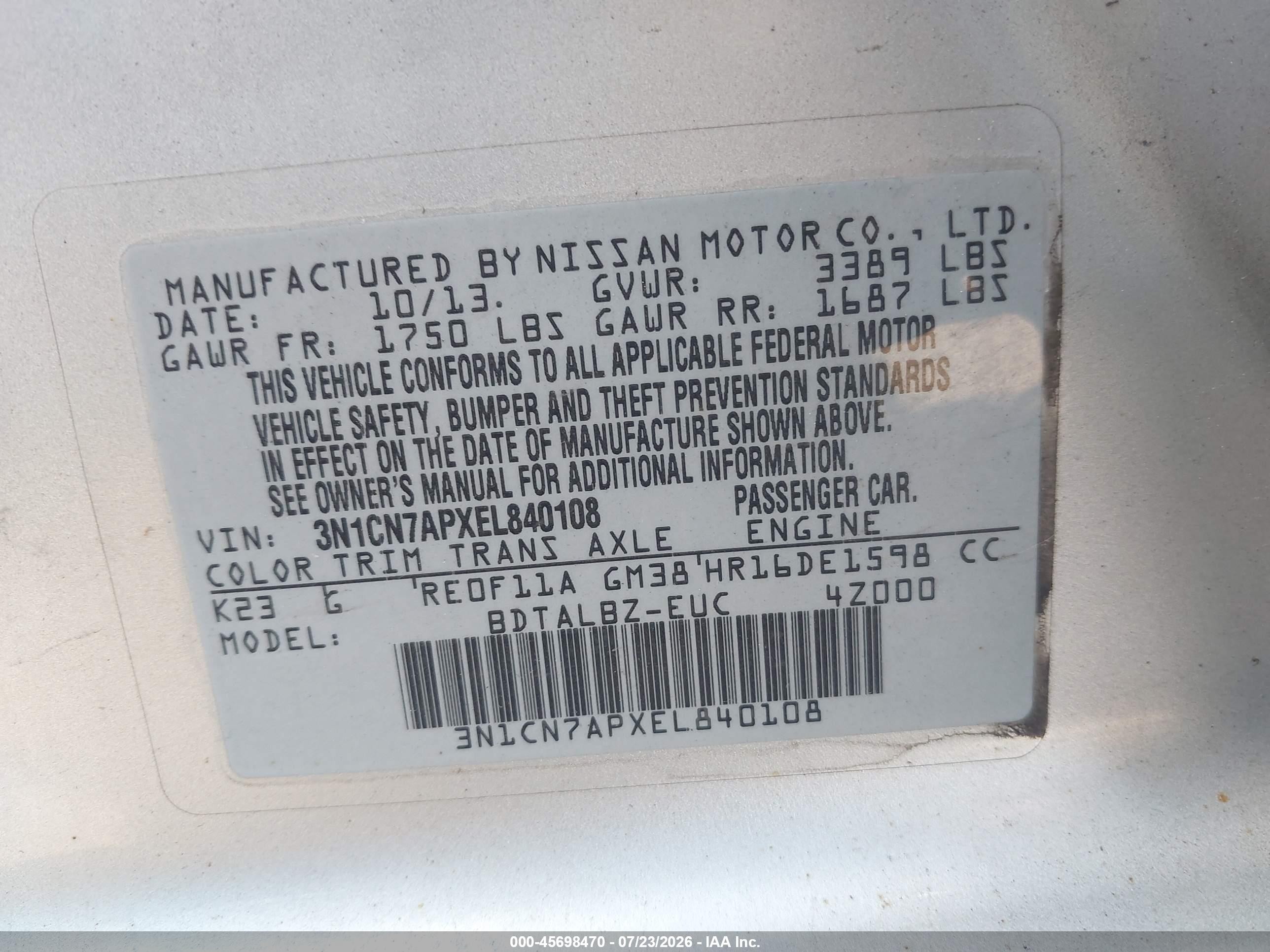 2014 Nissan Versa 1.6 Sv Silver vin: 3N1CN7APXEL840108