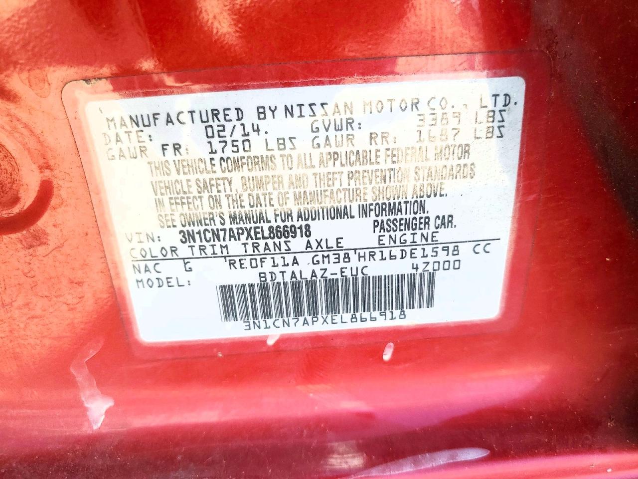 2014 Nissan Versa 1.6 S Plus Red vin: 3N1CN7APXEL866918
