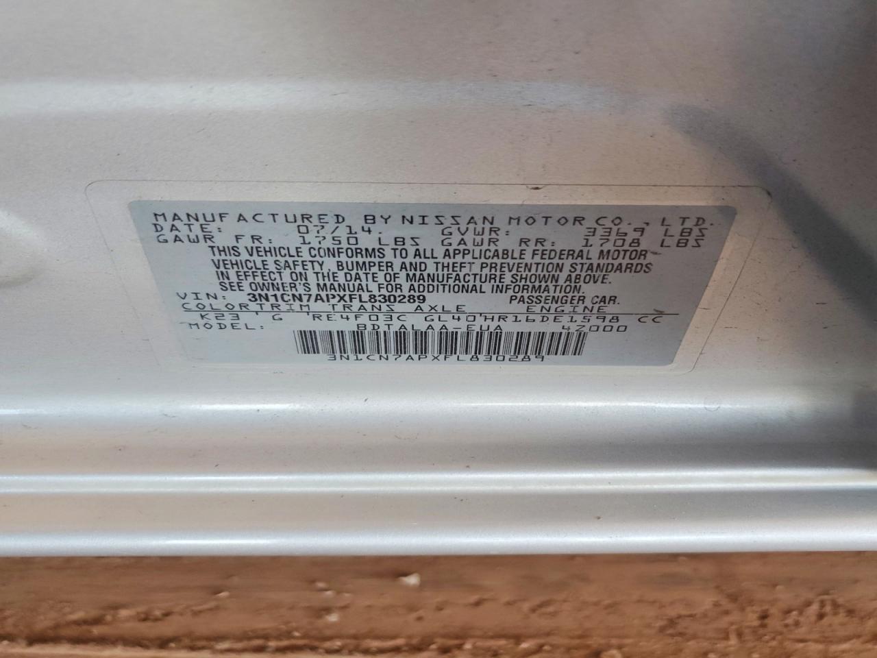 2015 Nissan Versa 1.6 S Silver vin: 3N1CN7APXFL830289