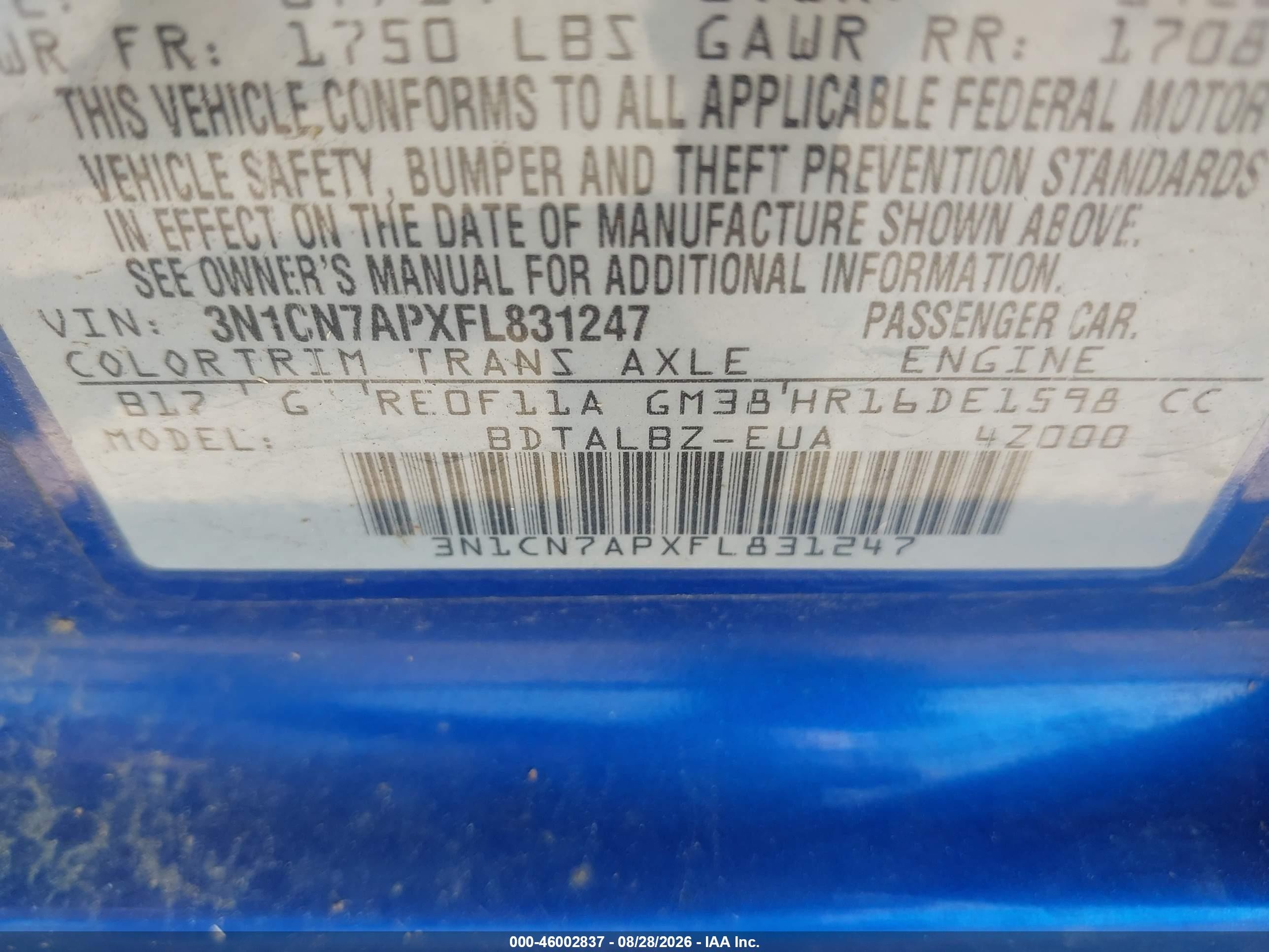2015 Nissan Versa 1.6 Sv Blue vin: 3N1CN7APXFL831247