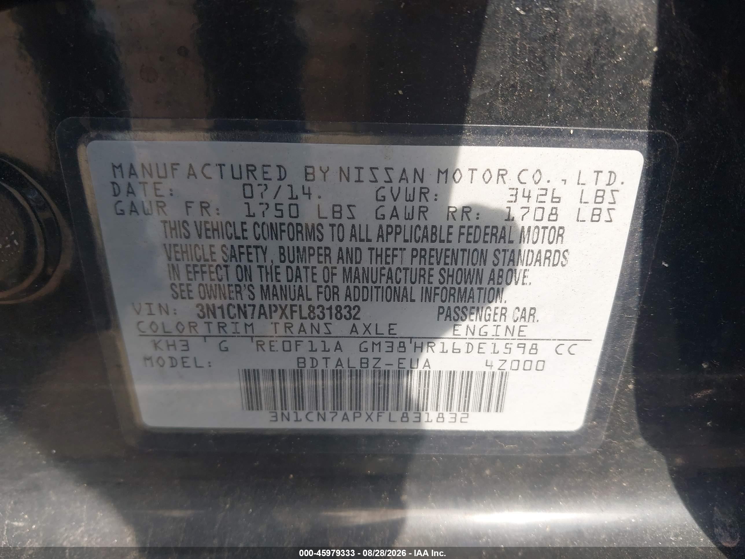 2015 Nissan Versa 1.6 Sv Black vin: 3N1CN7APXFL831832