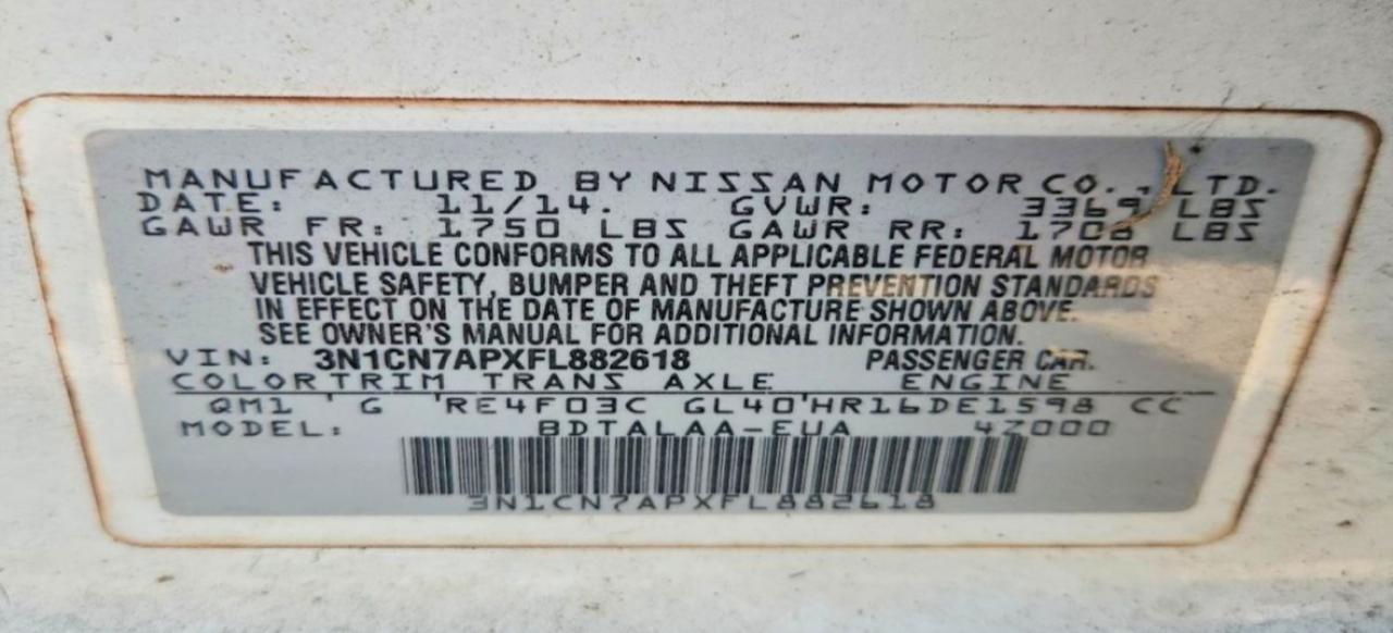 2015 Nissan Versa 1.6 S White vin: 3N1CN7APXFL882618