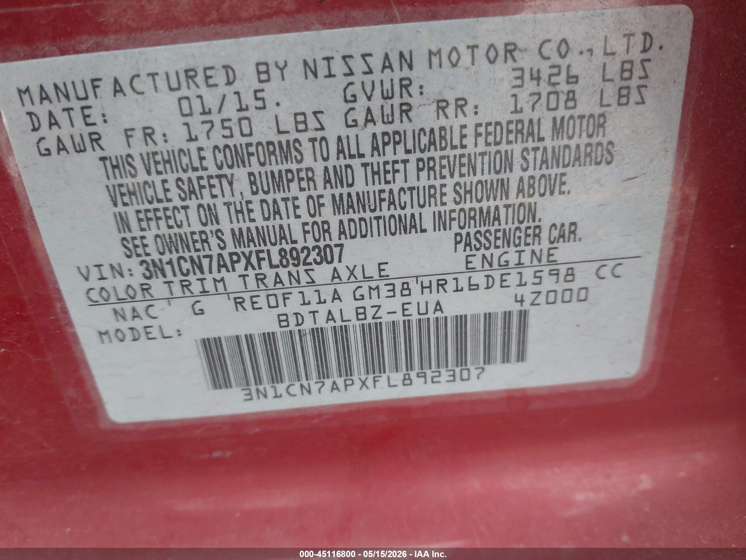 2015 Nissan Versa 1.6 Sv Red vin: 3N1CN7APXFL892307