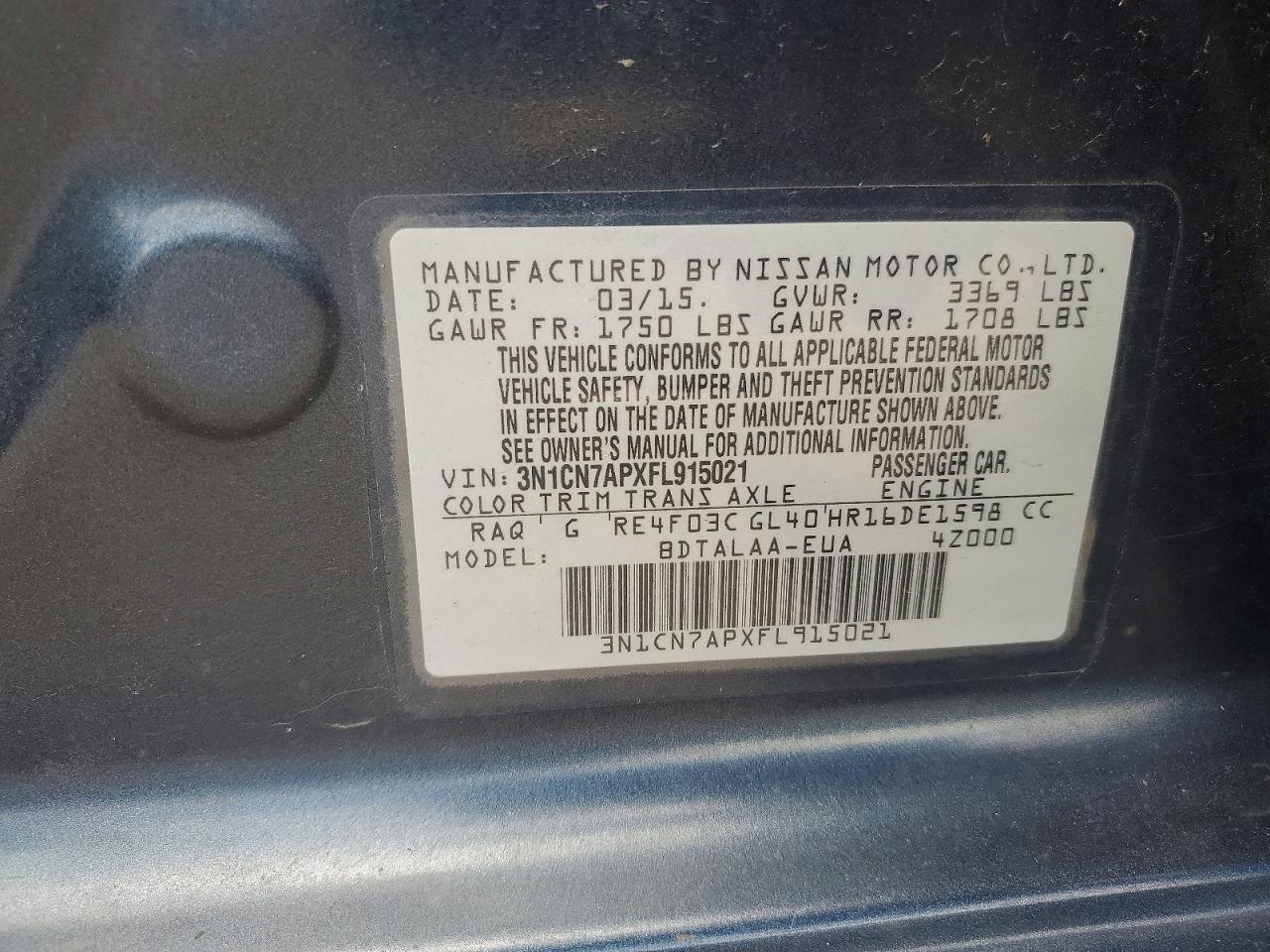 2015 Nissan Versa 1.6 S Blue vin: 3N1CN7APXFL915021