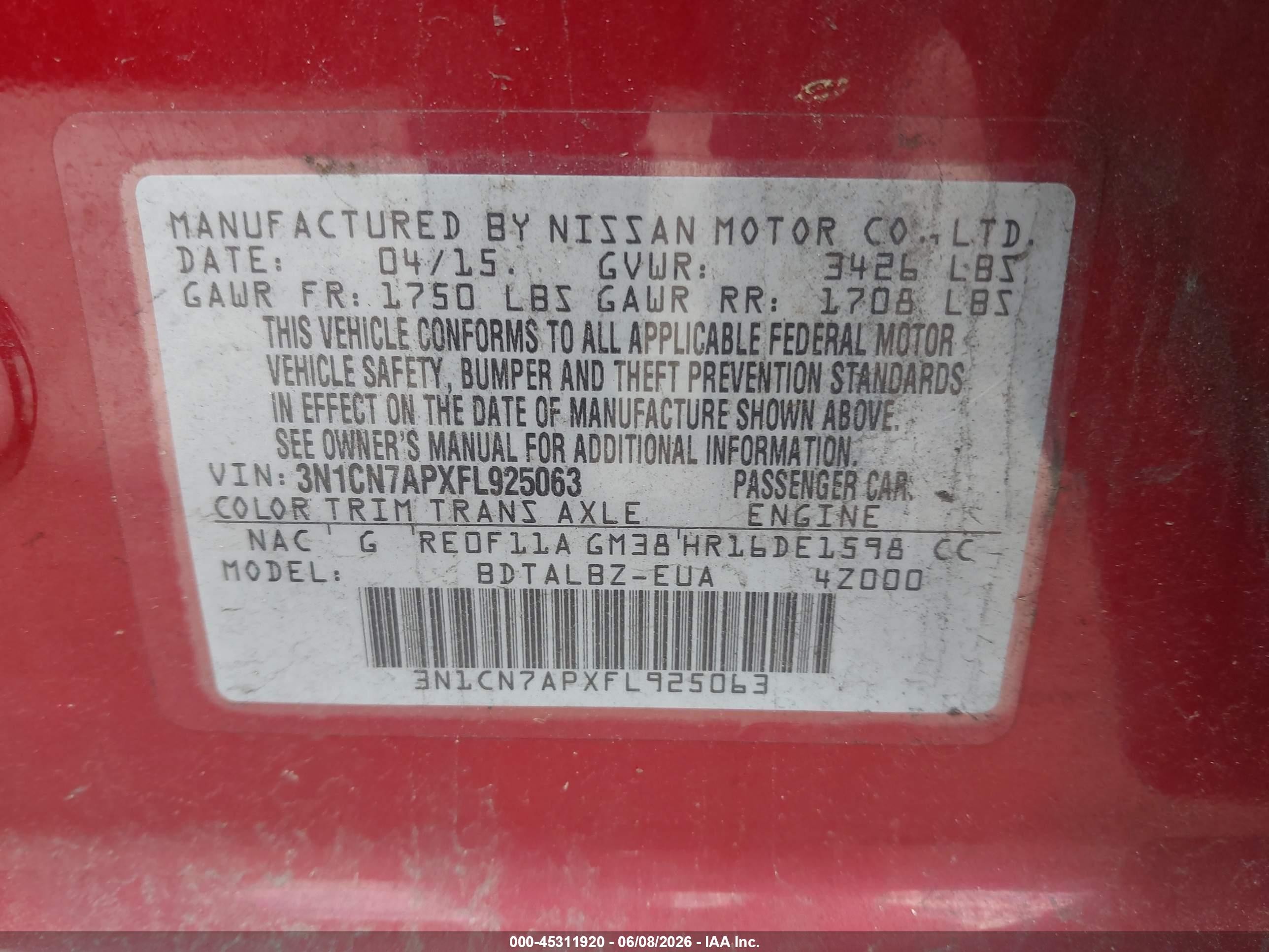 2015 Nissan Versa 1.6 Sv Red vin: 3N1CN7APXFL925063
