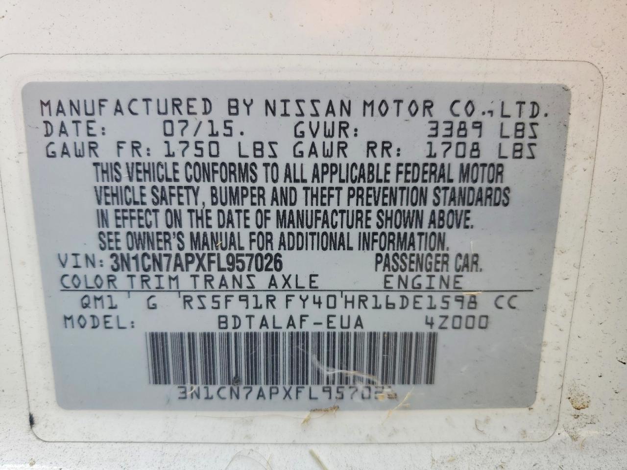 2015 Nissan Versa 1.6 S White vin: 3N1CN7APXFL957026