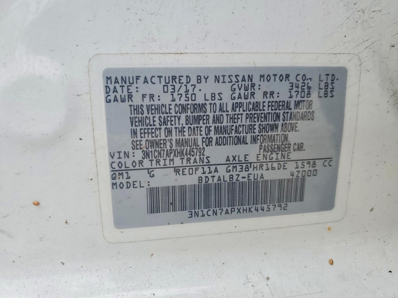 2017 Nissan Versa 1.6 Sv Белый vin: 3N1CN7APXHK445792