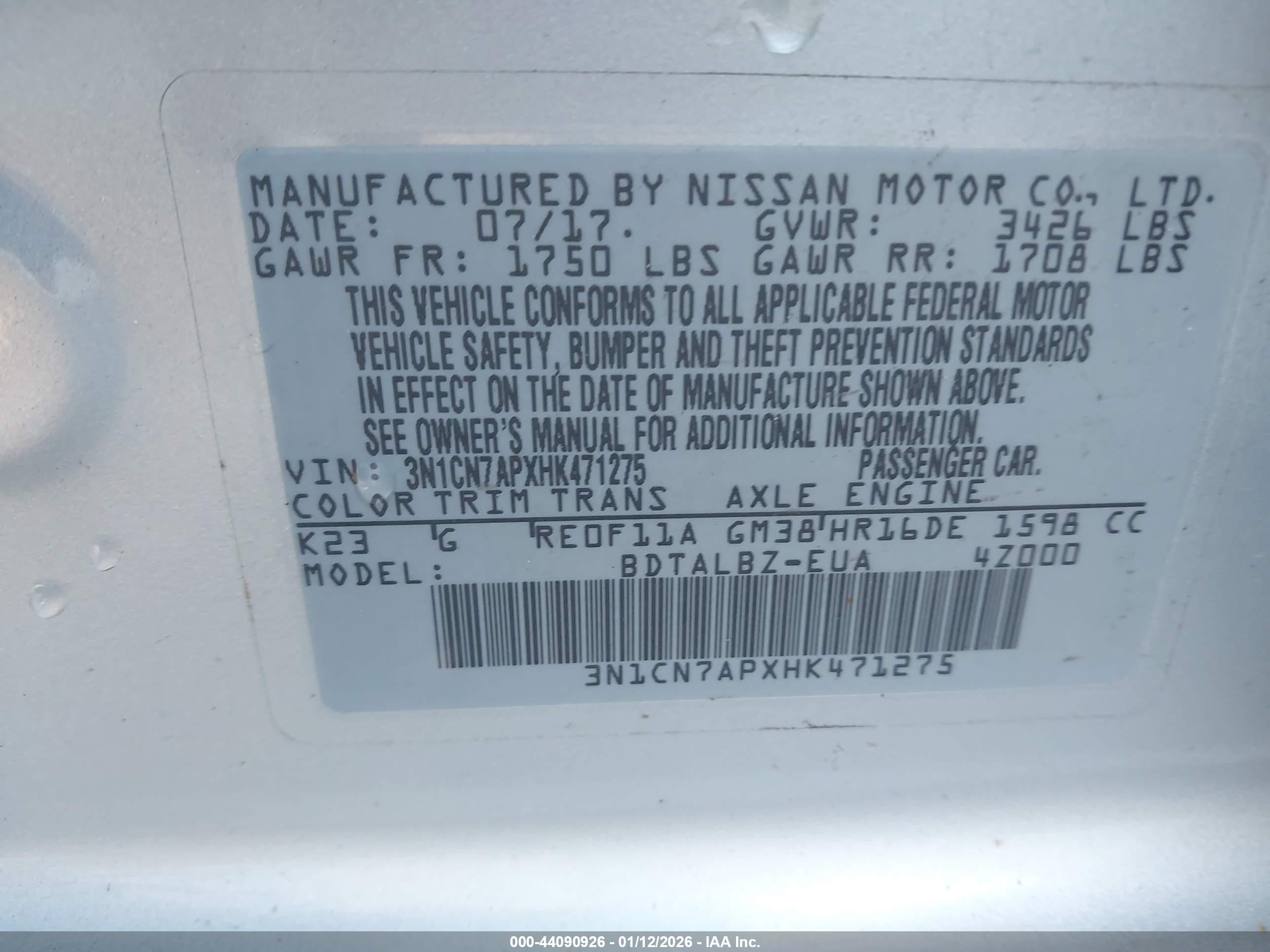 2017 Nissan Versa 1.6 Sv Silver vin: 3N1CN7APXHK471275