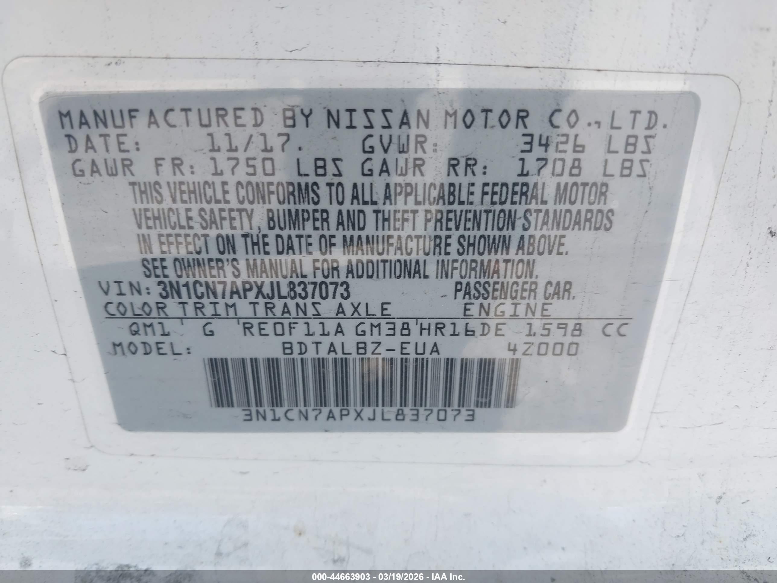 2018 Nissan Versa 1.6 Sv White vin: 3N1CN7APXJL837073