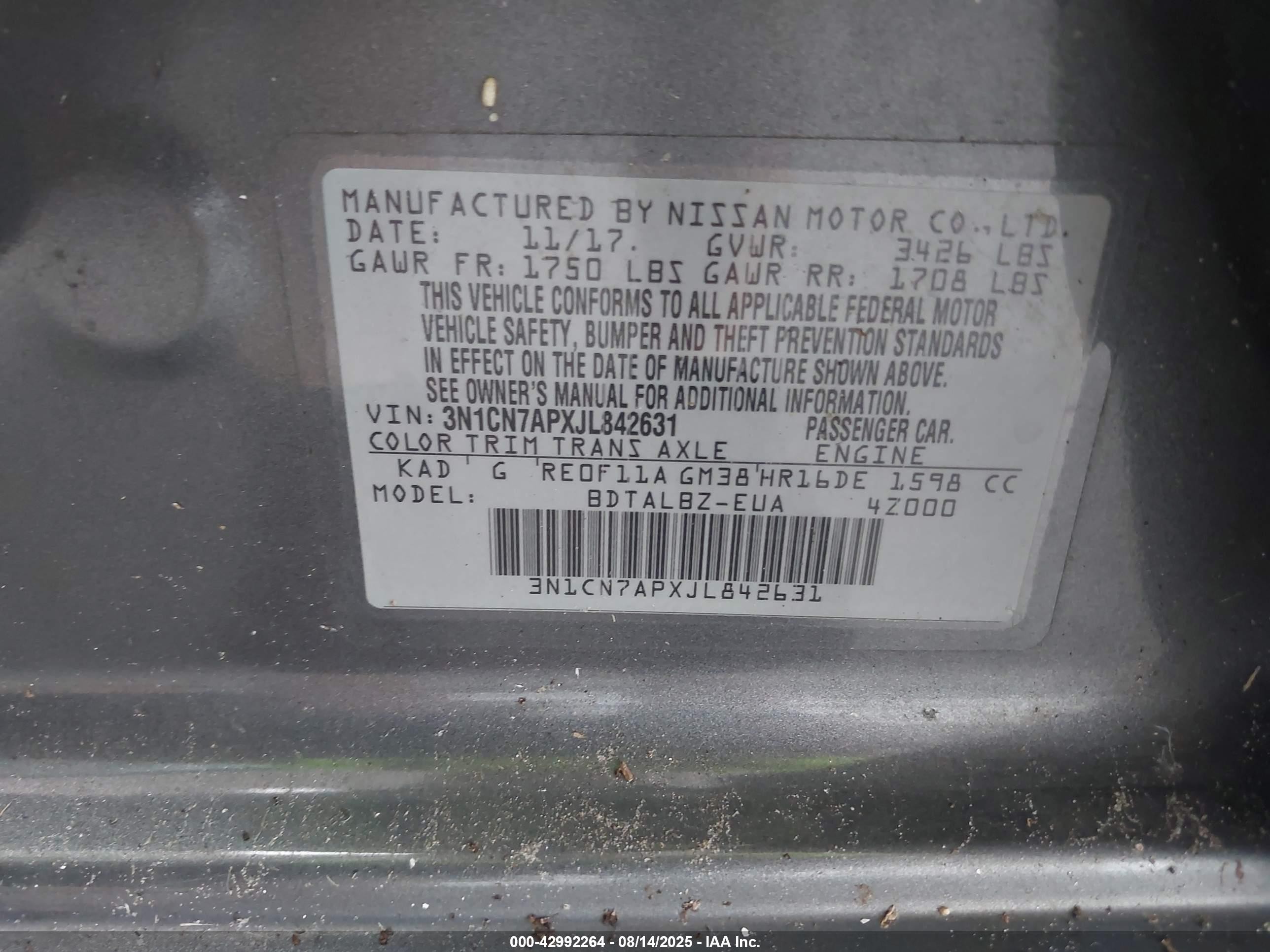 2018 Nissan Versa 1.6 Sv Серый vin: 3N1CN7APXJL842631