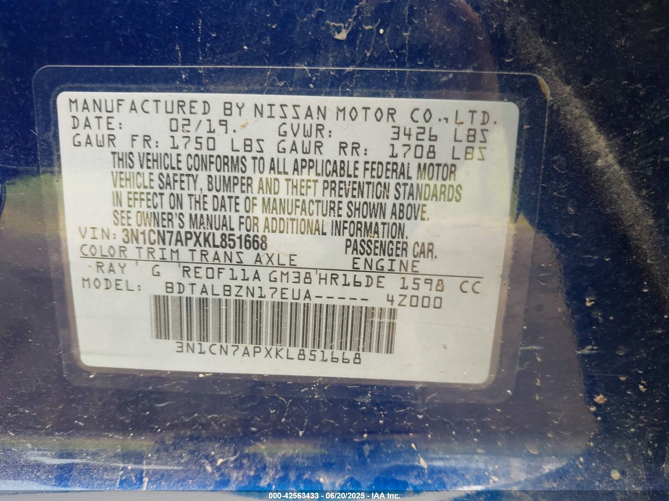 2019 Nissan Versa 1.6 Sv Blue vin: 3N1CN7APXKL851668