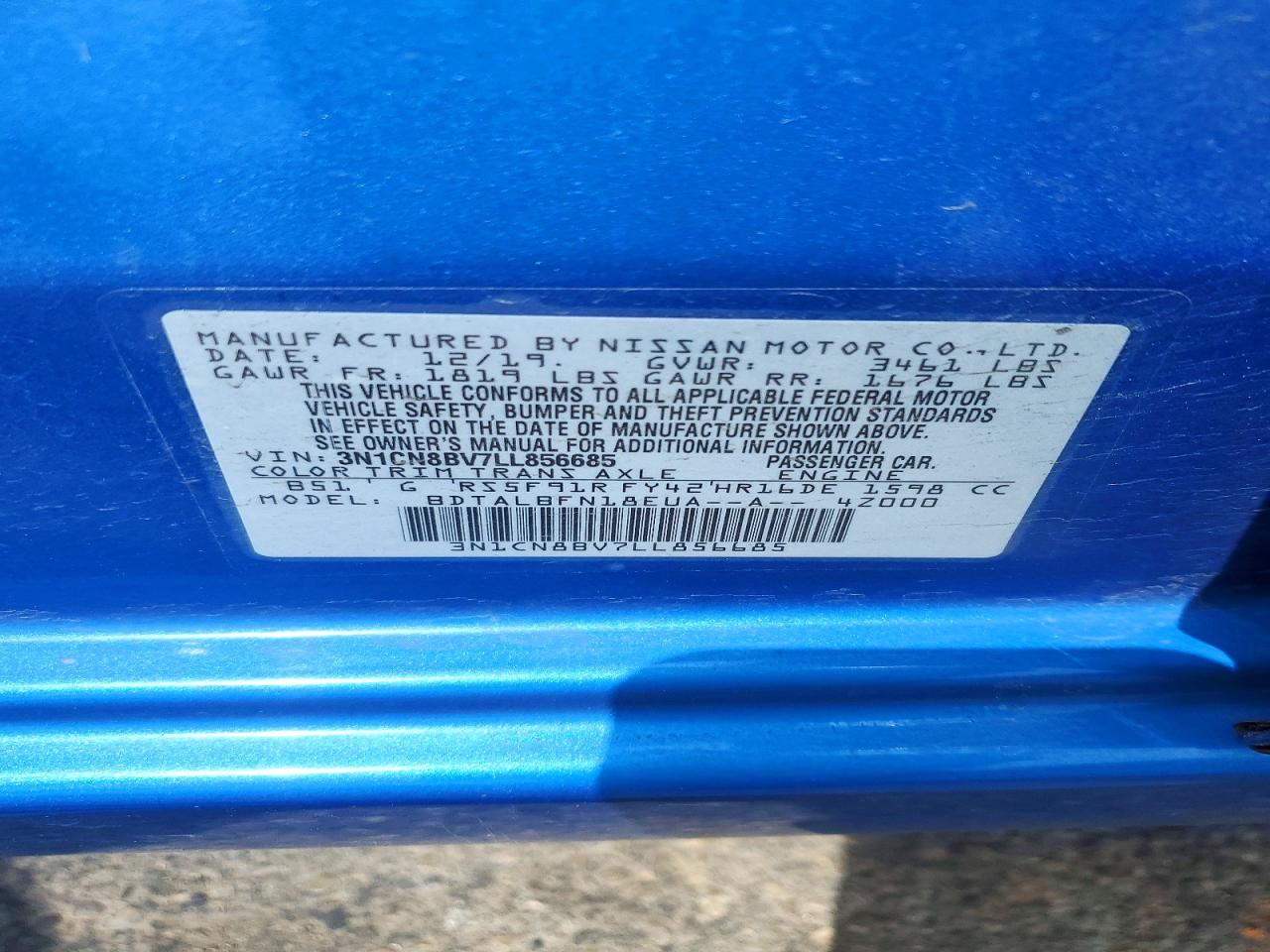 2020 Nissan Versa S Blue vin: 3N1CN8BV7LL856685