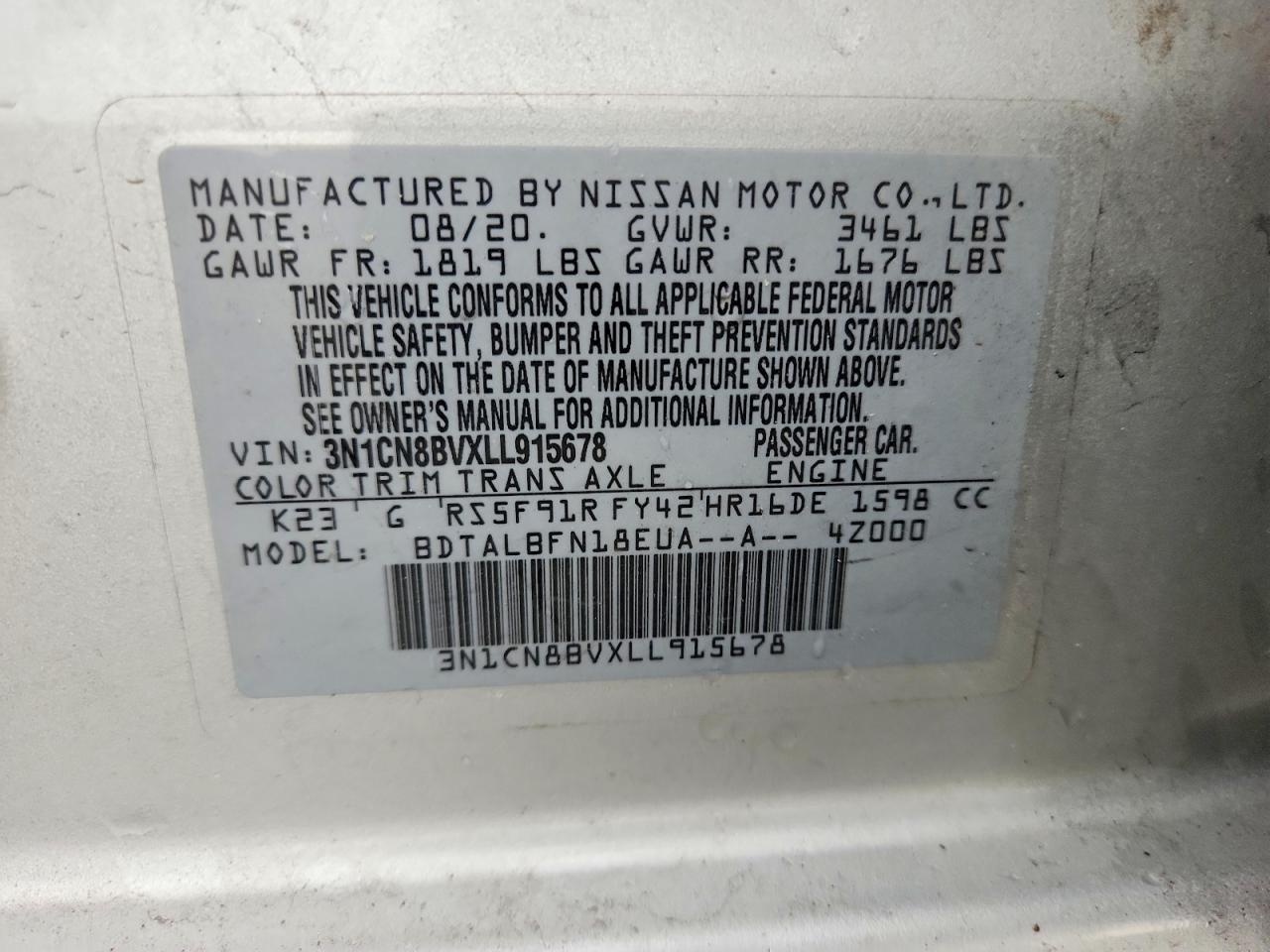 2020 Nissan Versa S Silver vin: 3N1CN8BVXLL915678