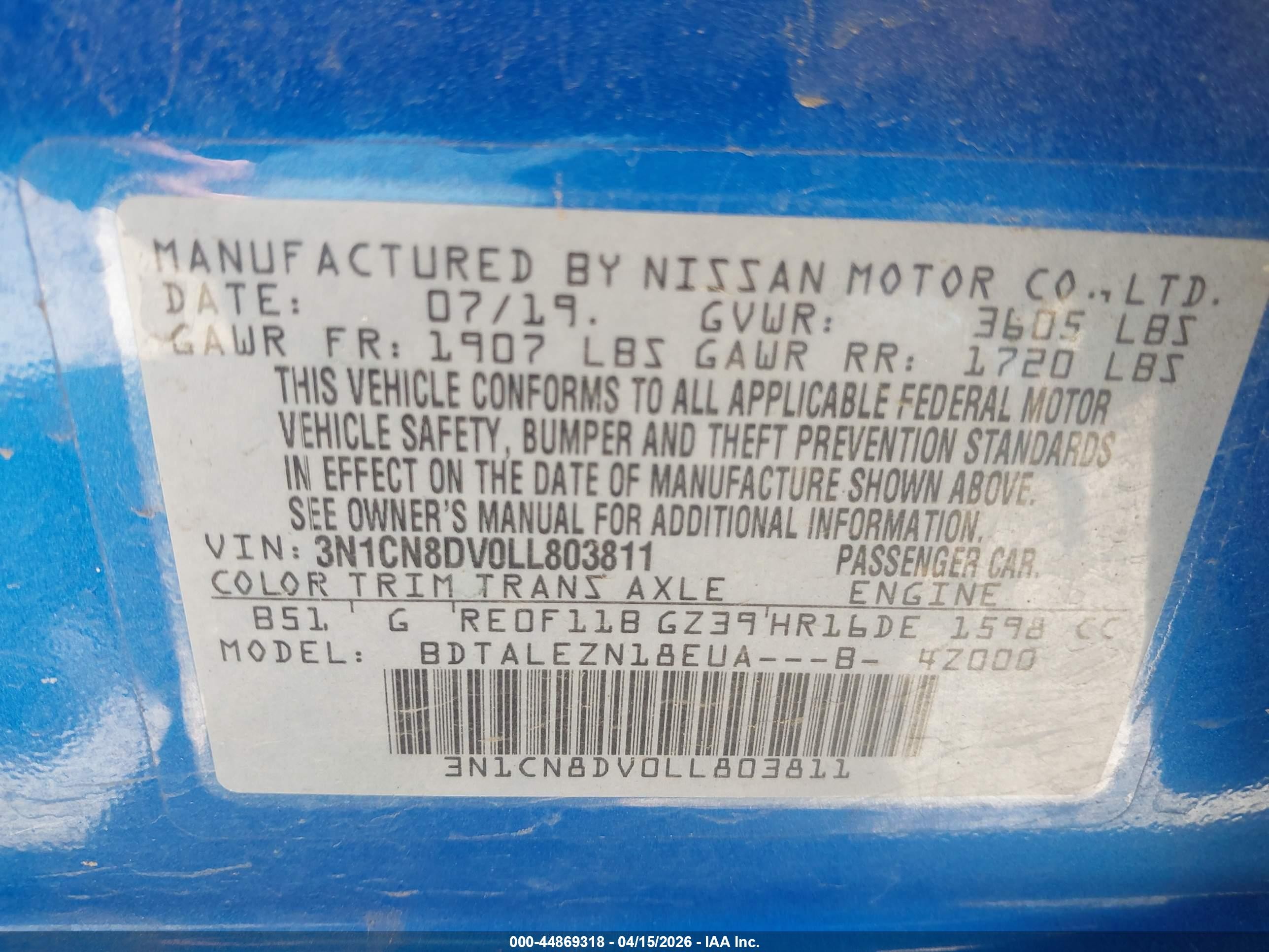 2020 Nissan Versa S Xtronic Cvt Blue vin: 3N1CN8DV0LL803811
